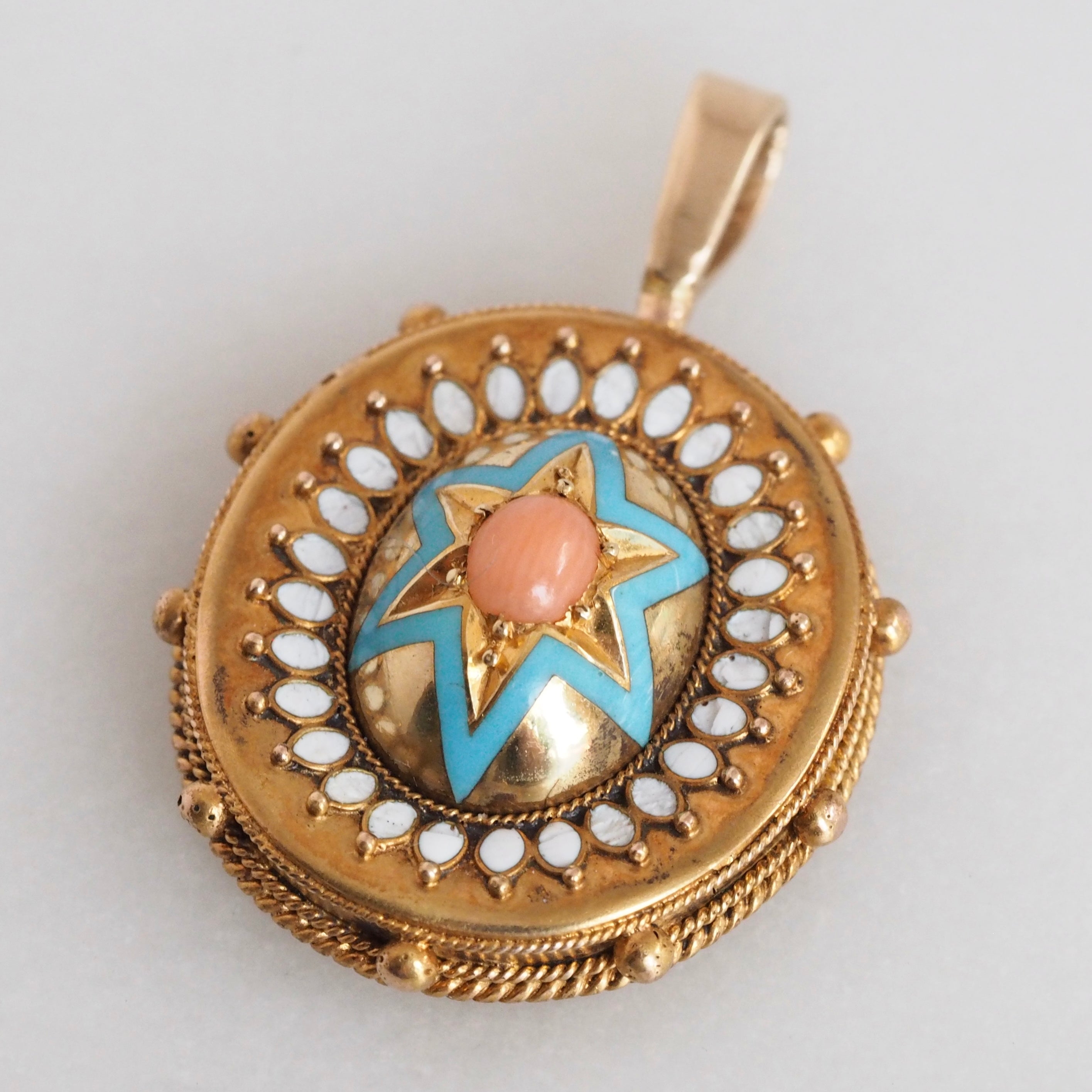 Antique Victorian 14k Gold Enamel and Coral Starburst Pendant