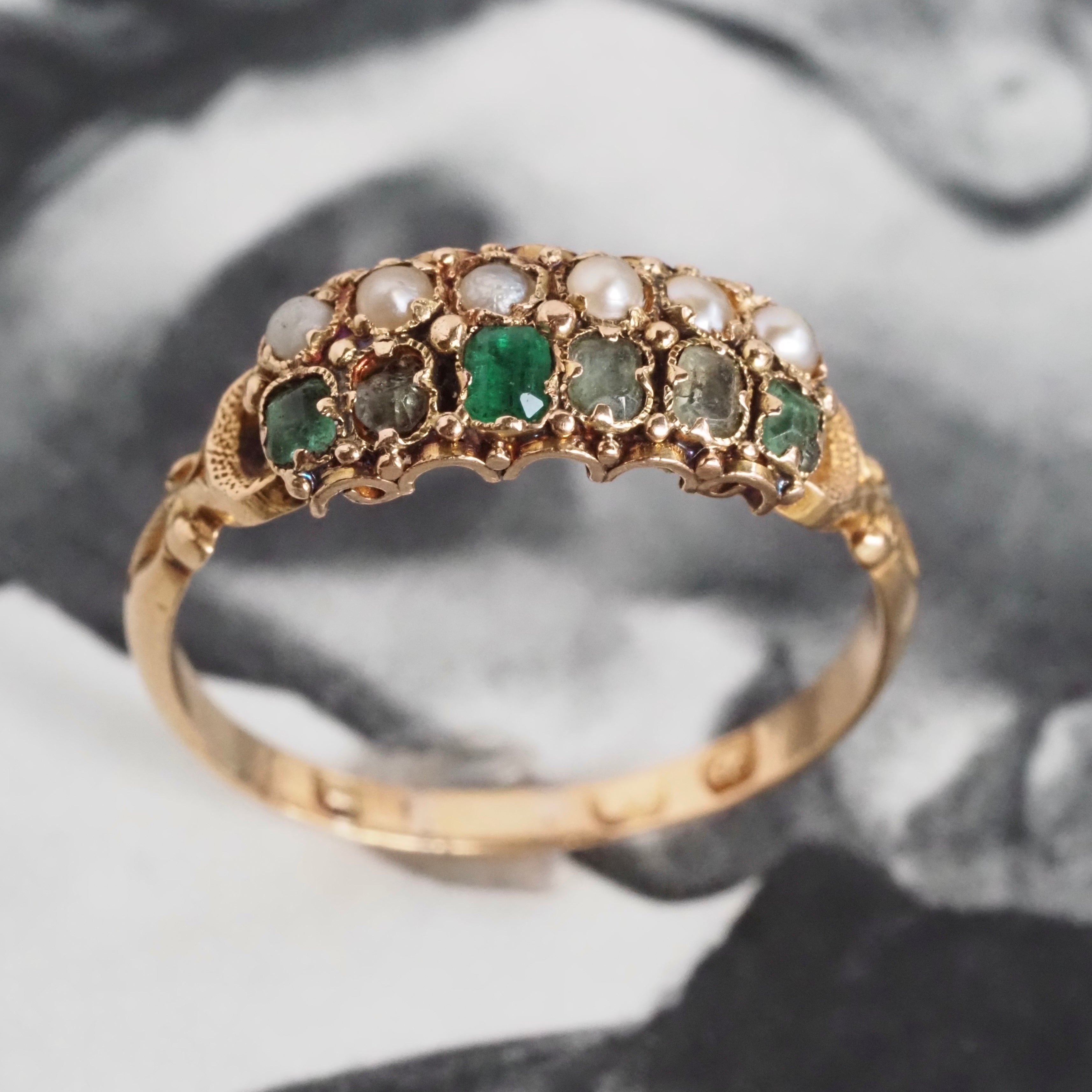Antique English Victorian Emerald and Paste Seed Pearl 18k Gold Ring
