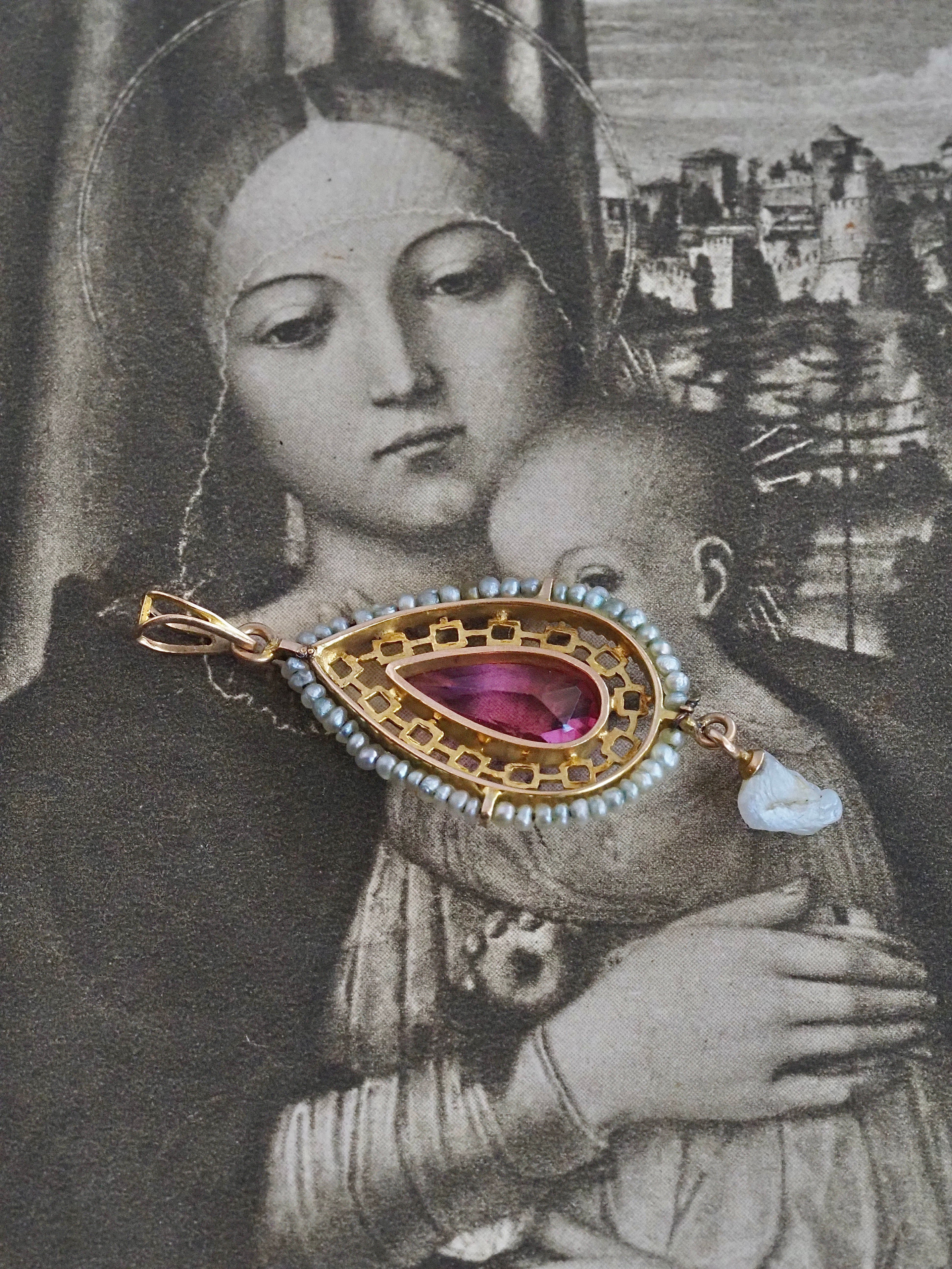 Antique 10k Gold Seed Pearl Tourmaline Lavalier Pendant