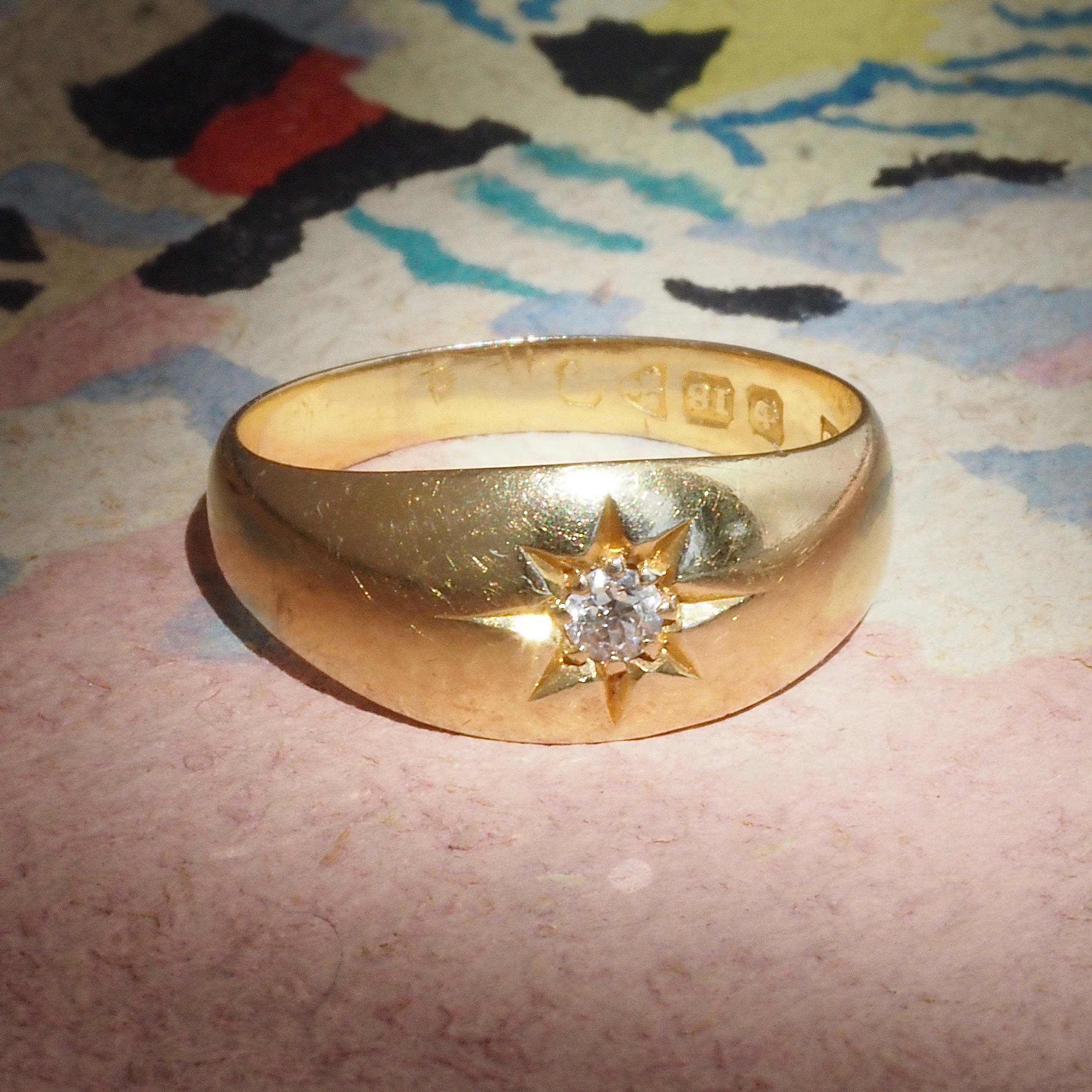 Antique English Old Mine Cut Diamond Flush Set Starburst 18k Gold Ring