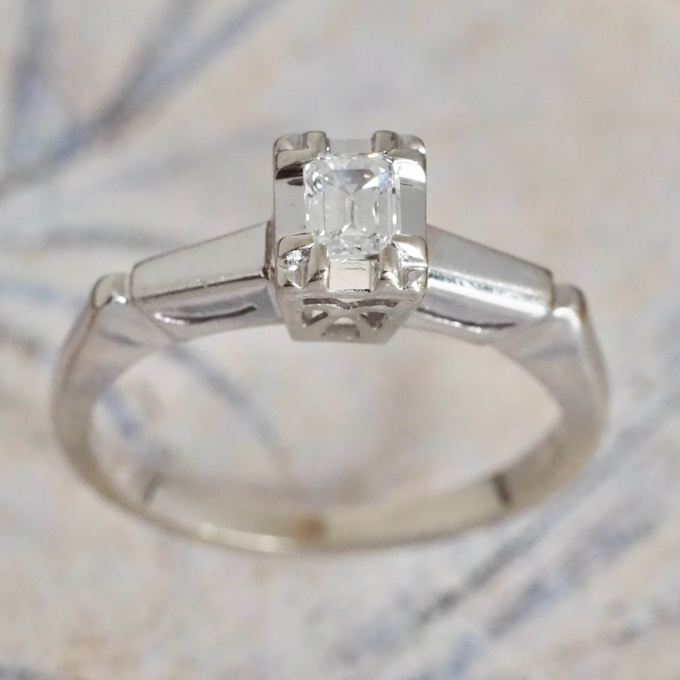 Antique Art Deco 14k White Gold Illusion Set Emerald Cut Diamond Ring