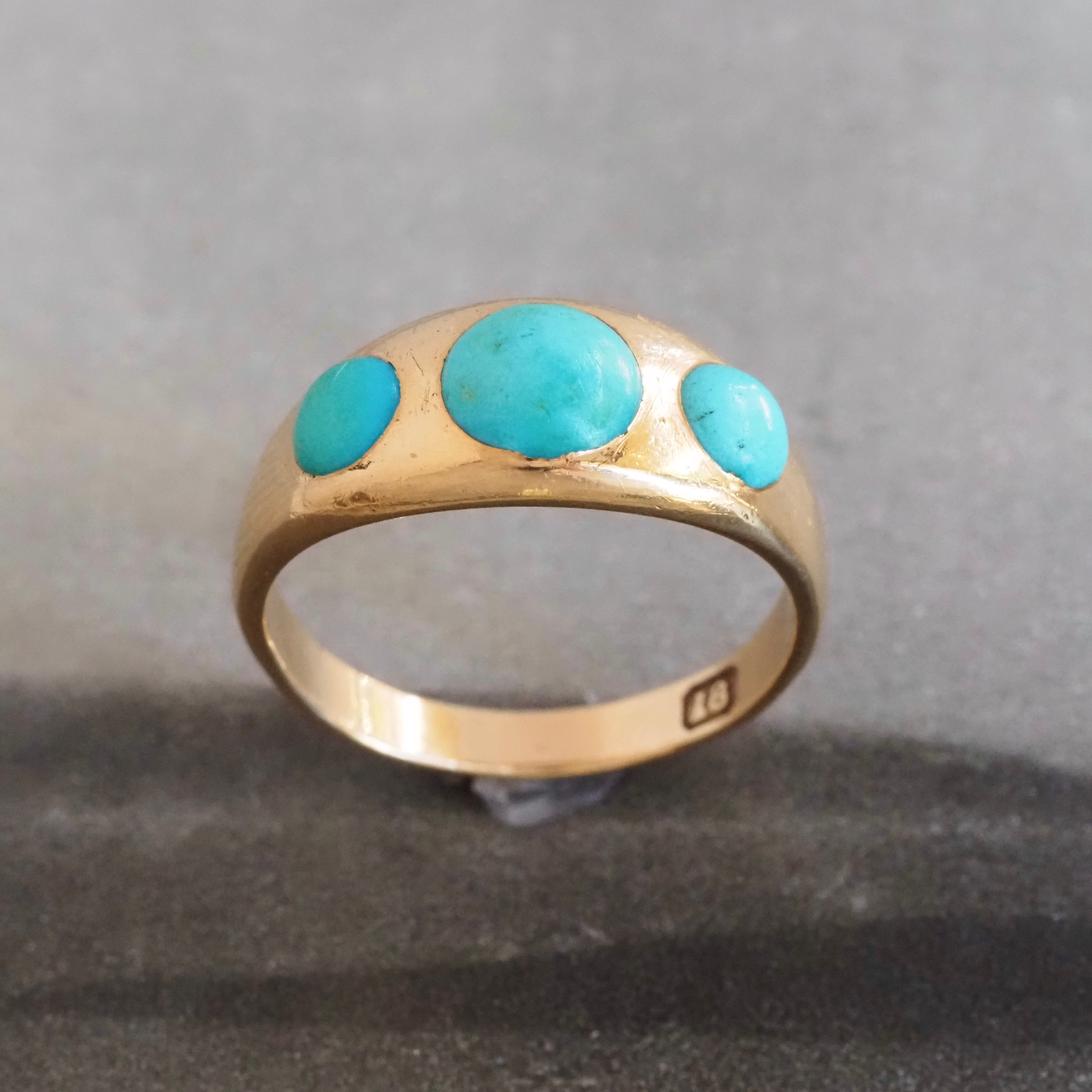 Antique Victorian Turquoise Flush Set Trilogy 18k Gold Ring