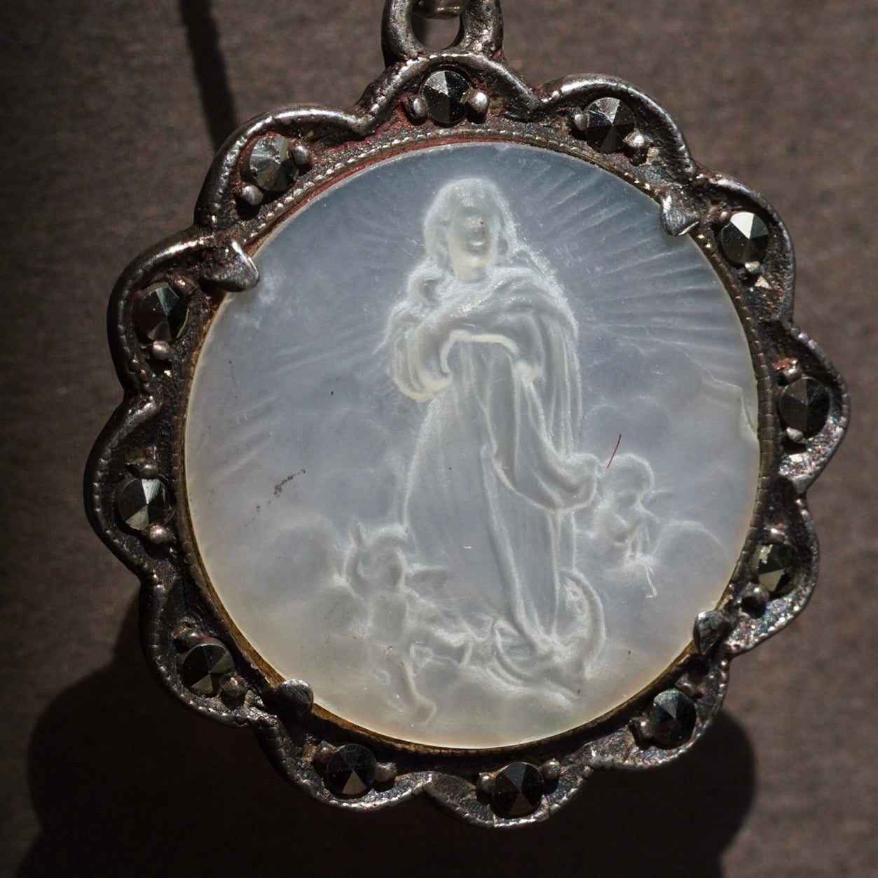Antique Italian Mother of Pearl Mary Sterling Silver Marcasite Pendant