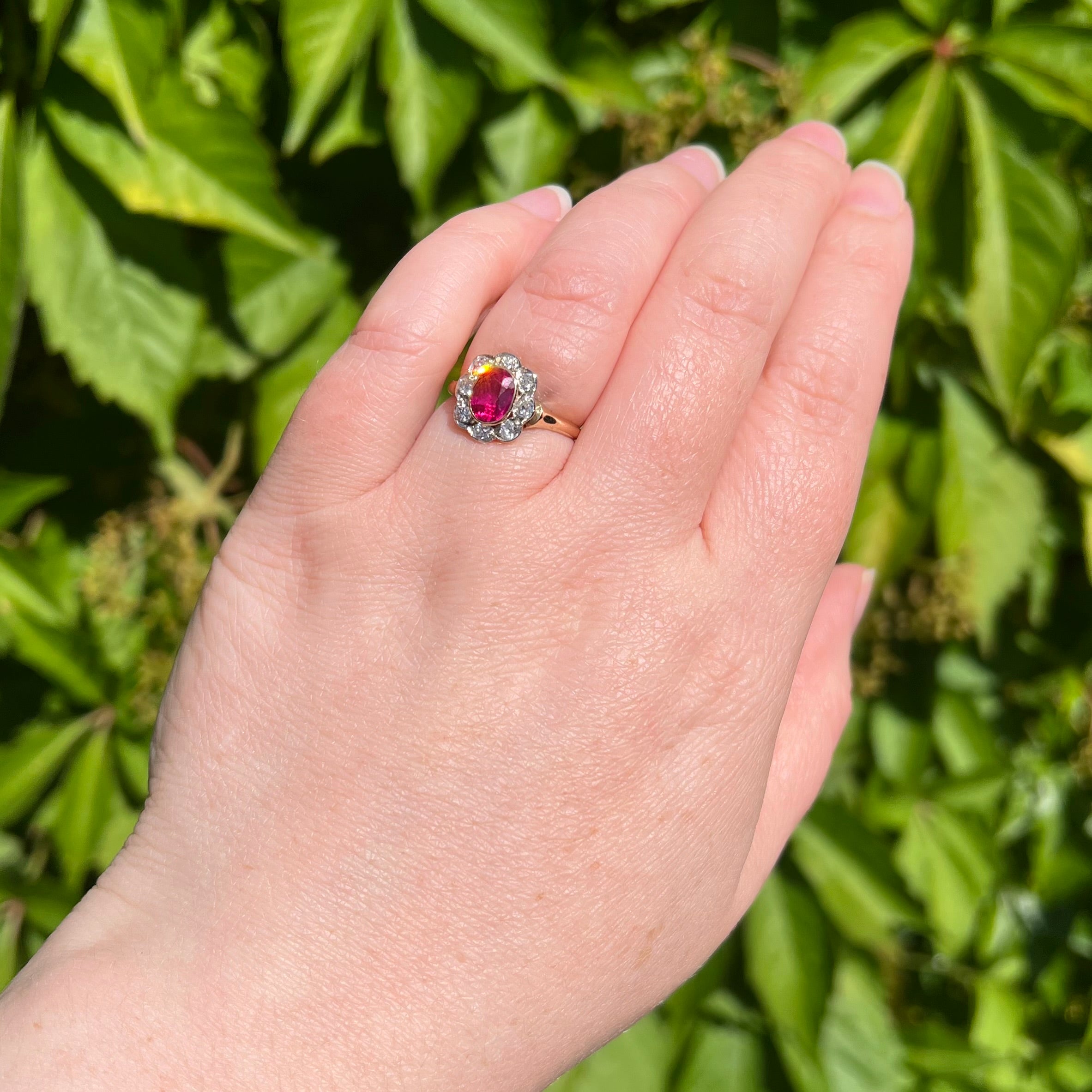 Antique Ruby and Old Mine Cut Diamond Flower 14k Gold Ring