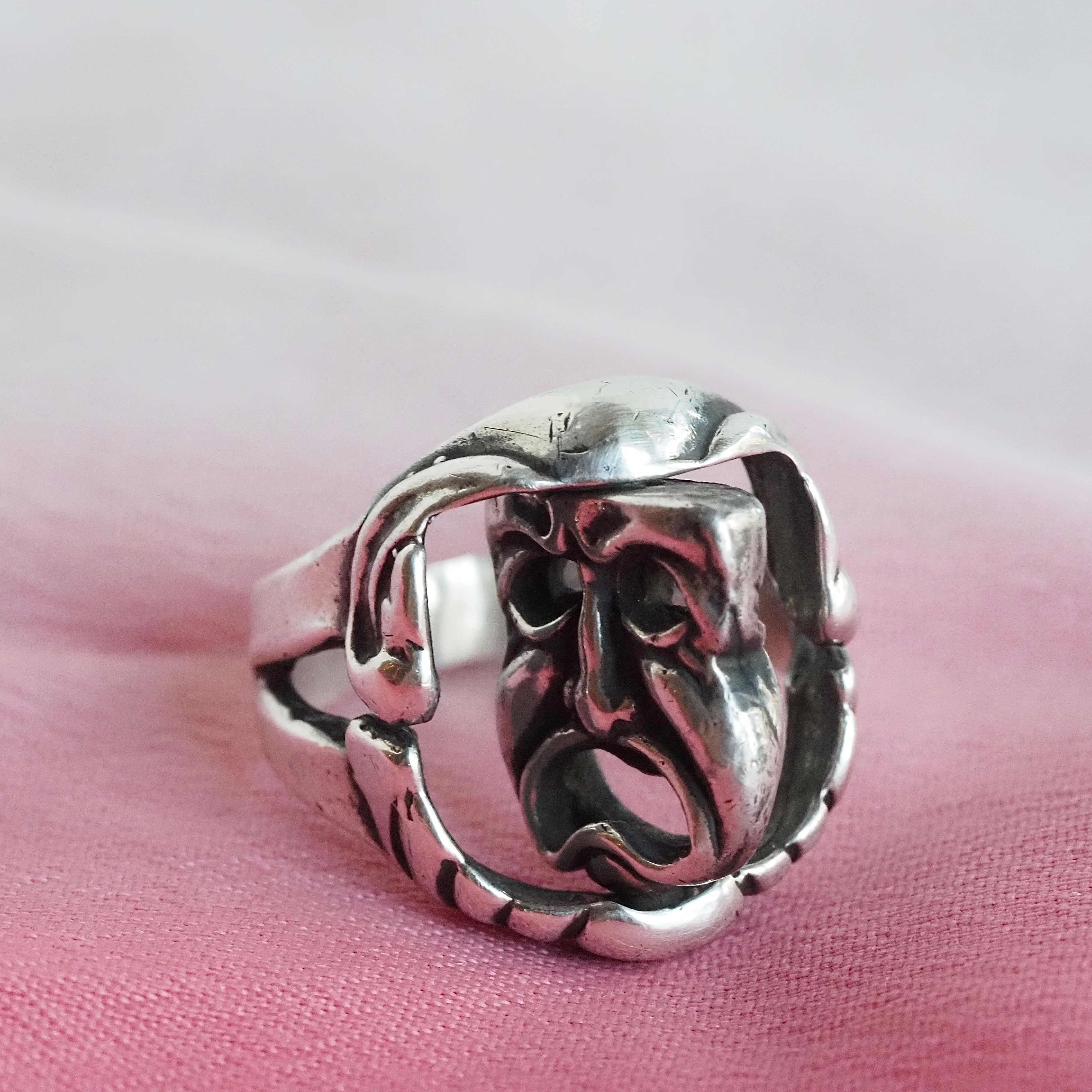 Vintage Comedy Tragedy Mask Flip Sterling Silver Ring