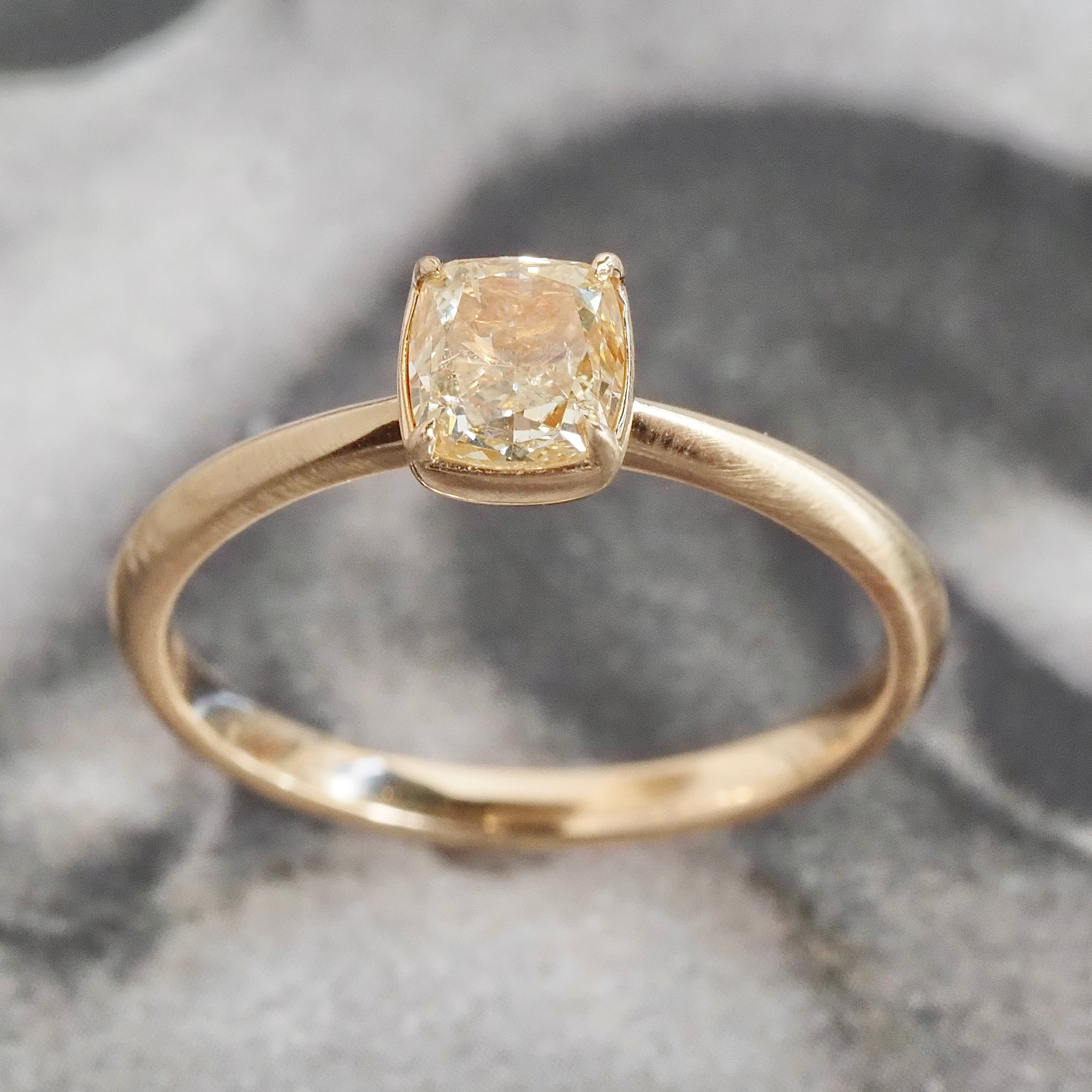 Yellow Cushion Brilliant Cut Diamond 14k Gold Knife Edge Set Solitaire Engagement Ring
