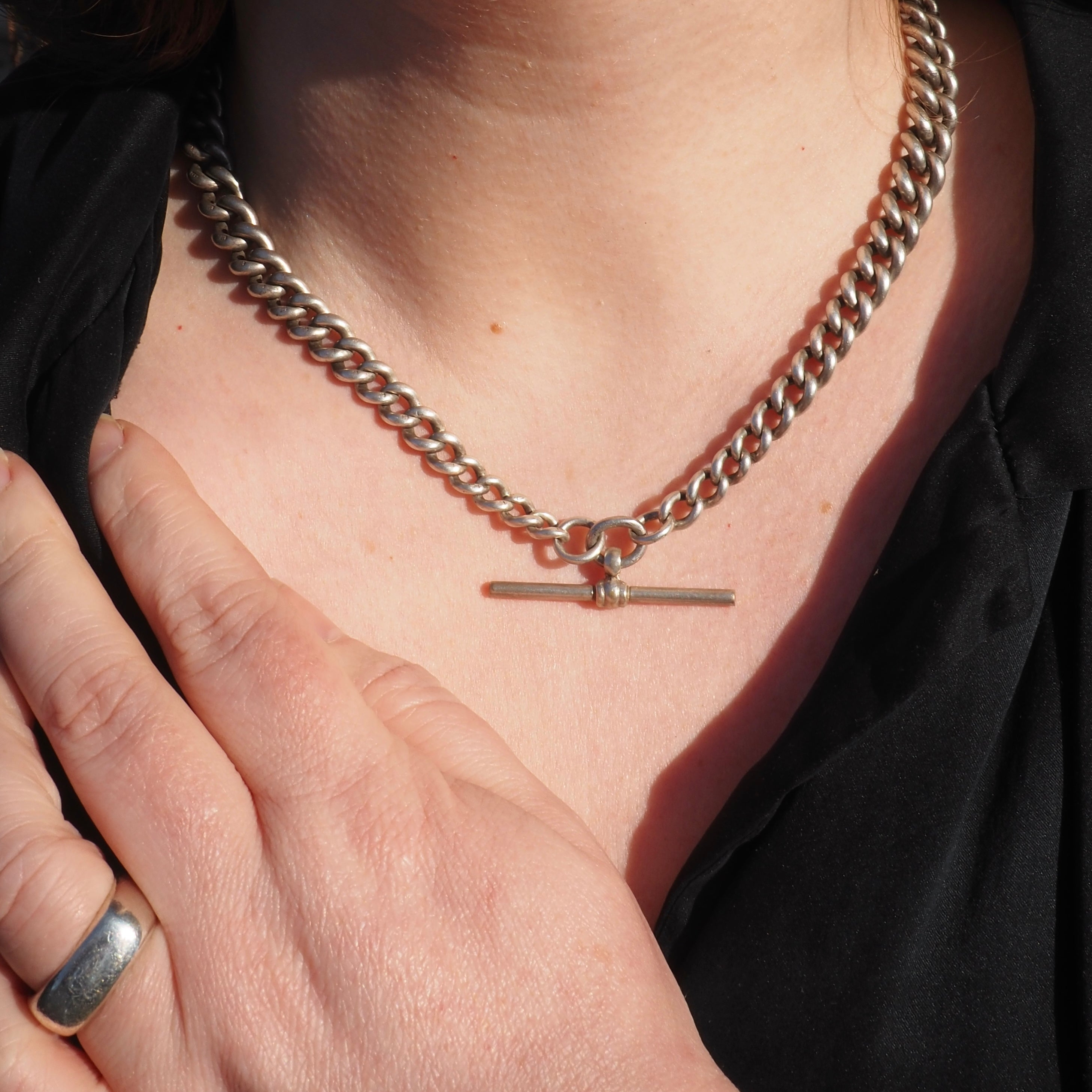 Antique English Sterling Silver Watch Chain Necklace With Graduated Links & T Bar