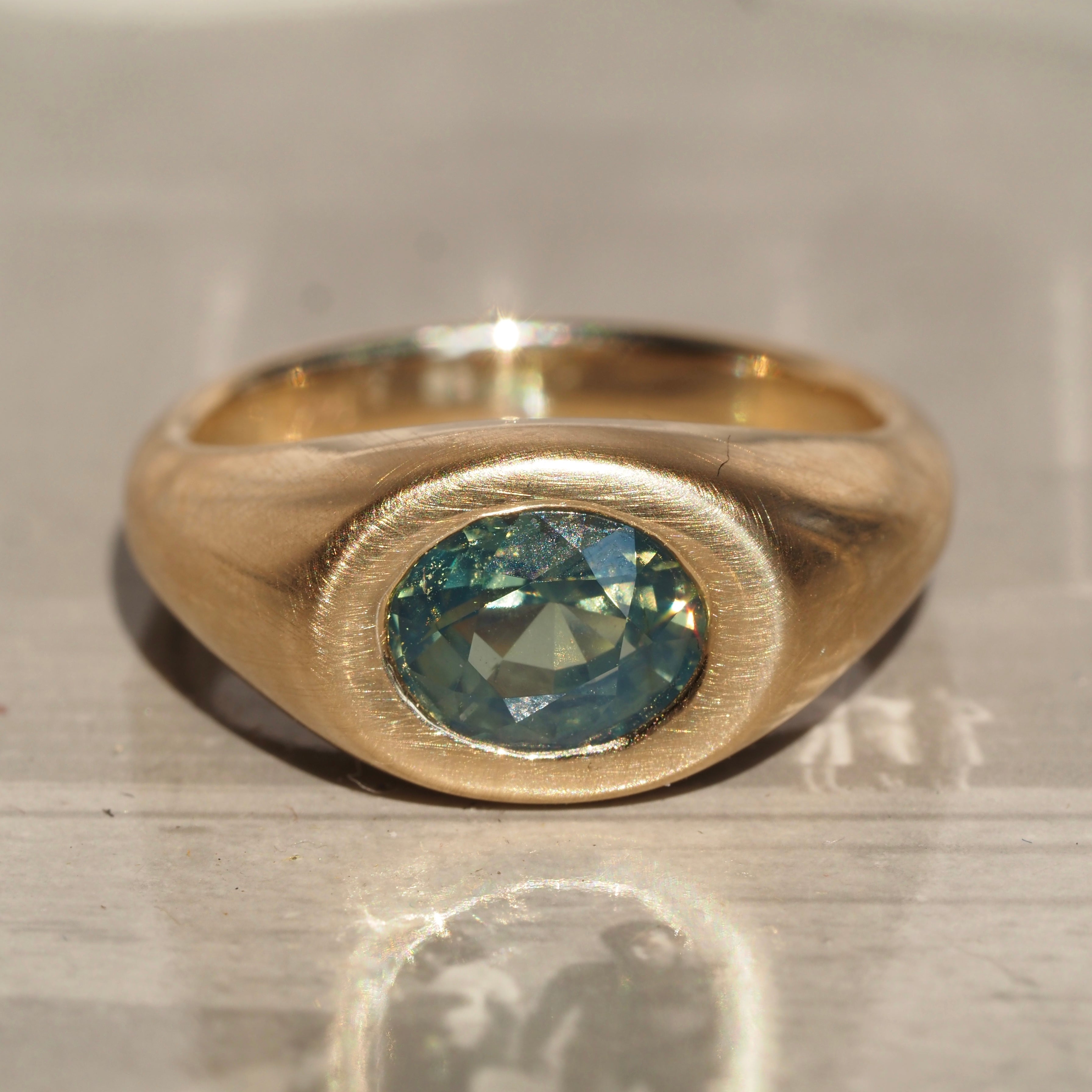 Faceted Natural Green Sapphire Signet 14k Gold Ring