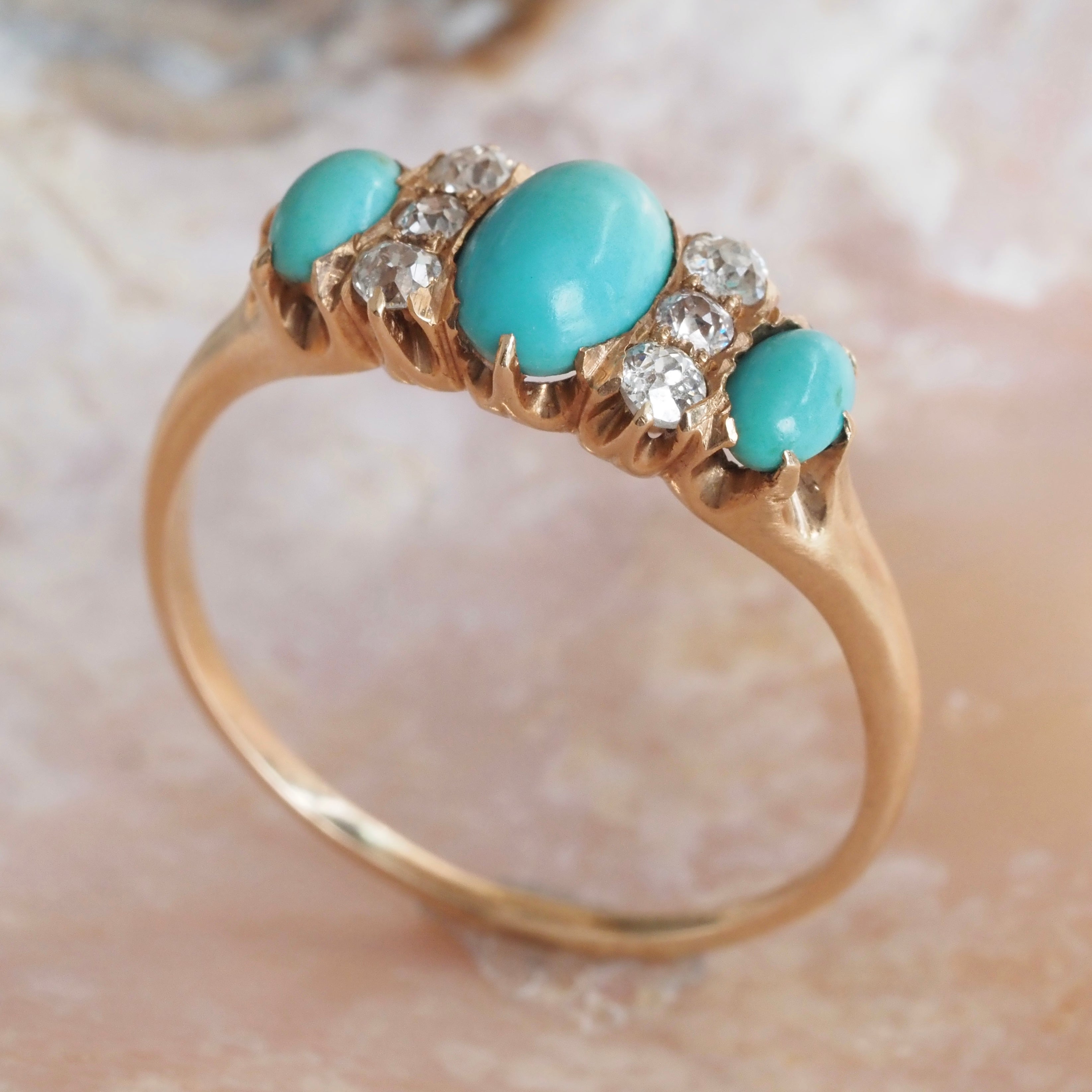 Antique Art Nouveau Turquoise and Diamond 14k Gold Ring