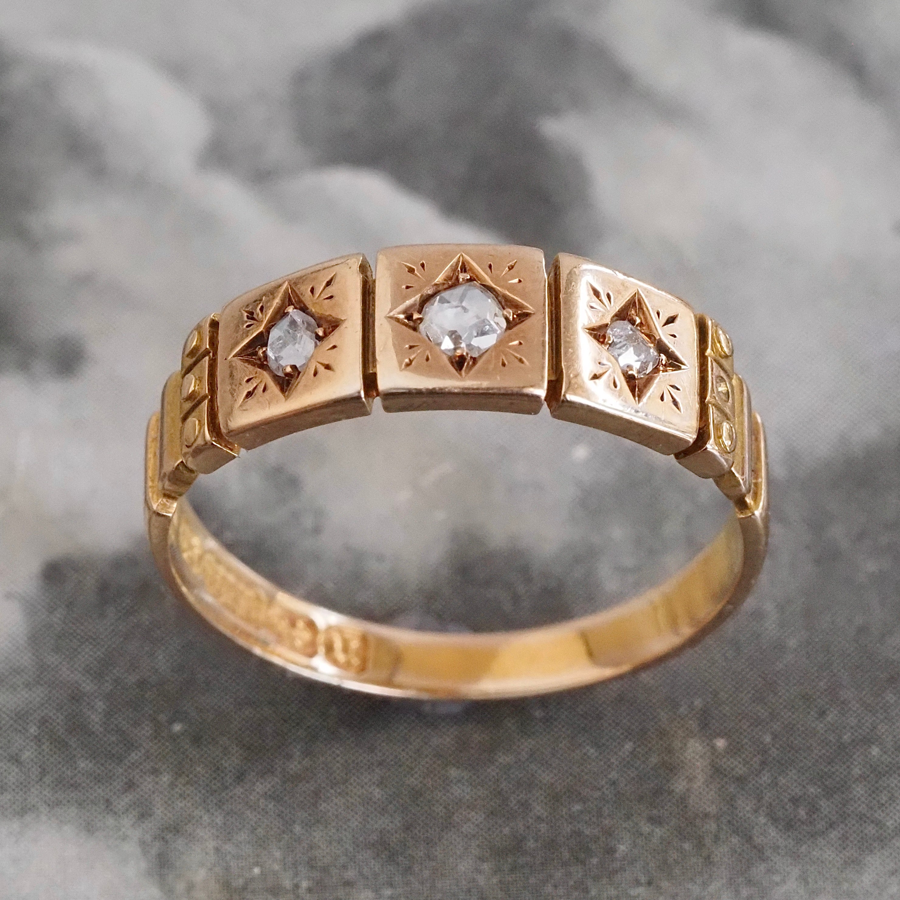 Antique Victorian English c. 1894 Rose Cut Diamond Trilogy 15k Gold Panel Ring