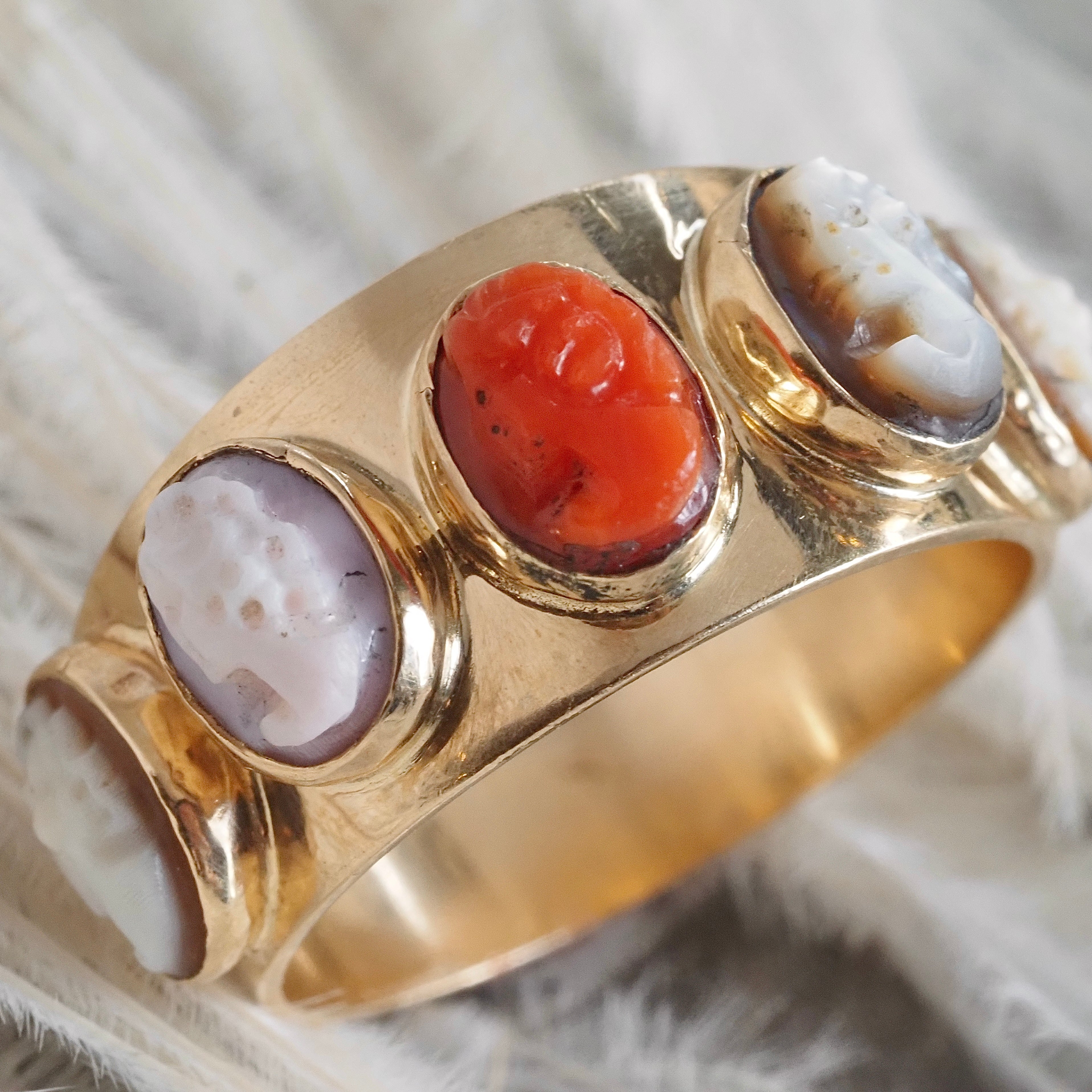 Vintage Cameo Coral Mother of Pearl and Shell 14k Gold Ring