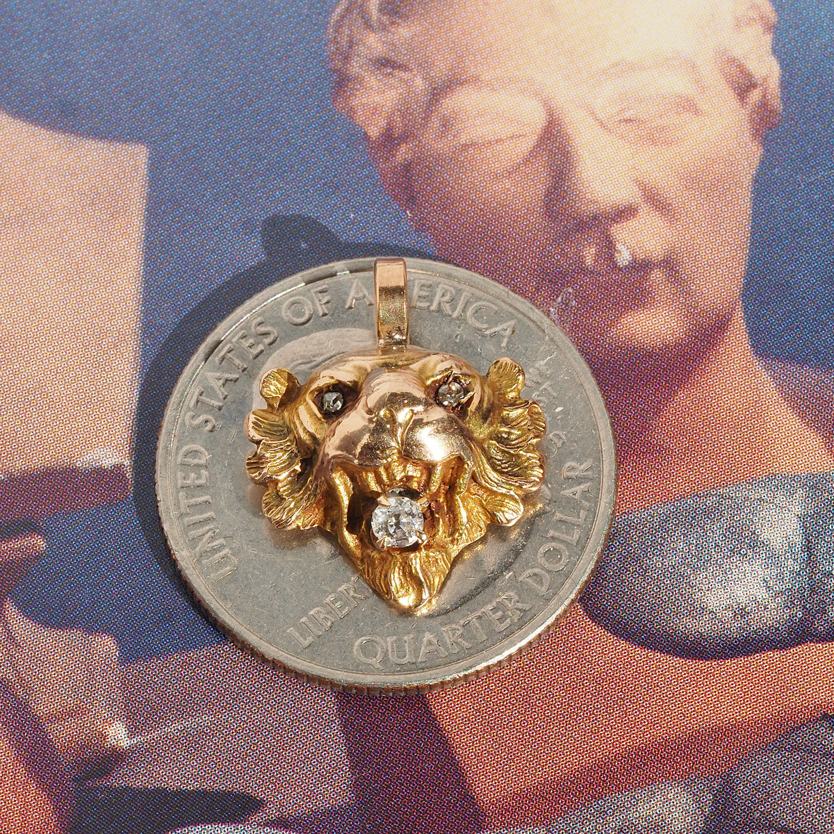 Antique Victorian Lion with Old Mine Cut Diamonds 14k Gold Pendant