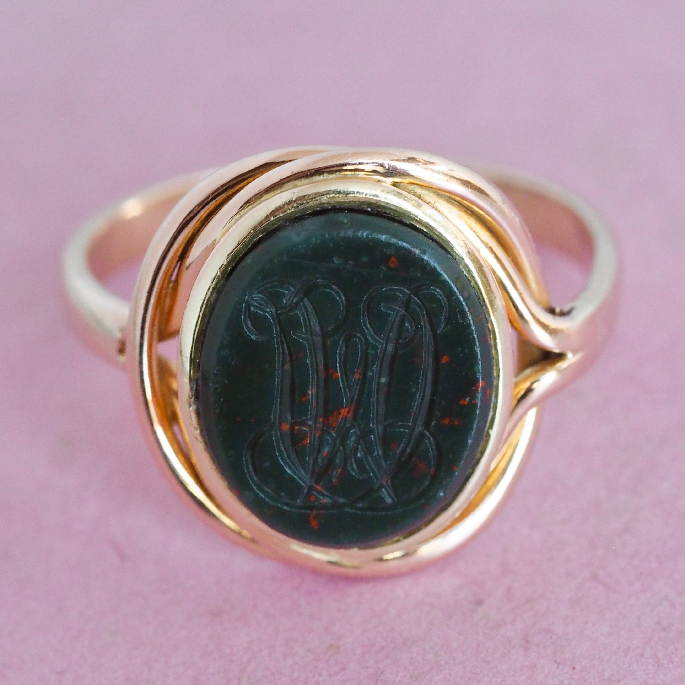 Antique Edwardian 14k Gold Bloodstone Intaglio Signet Ring
