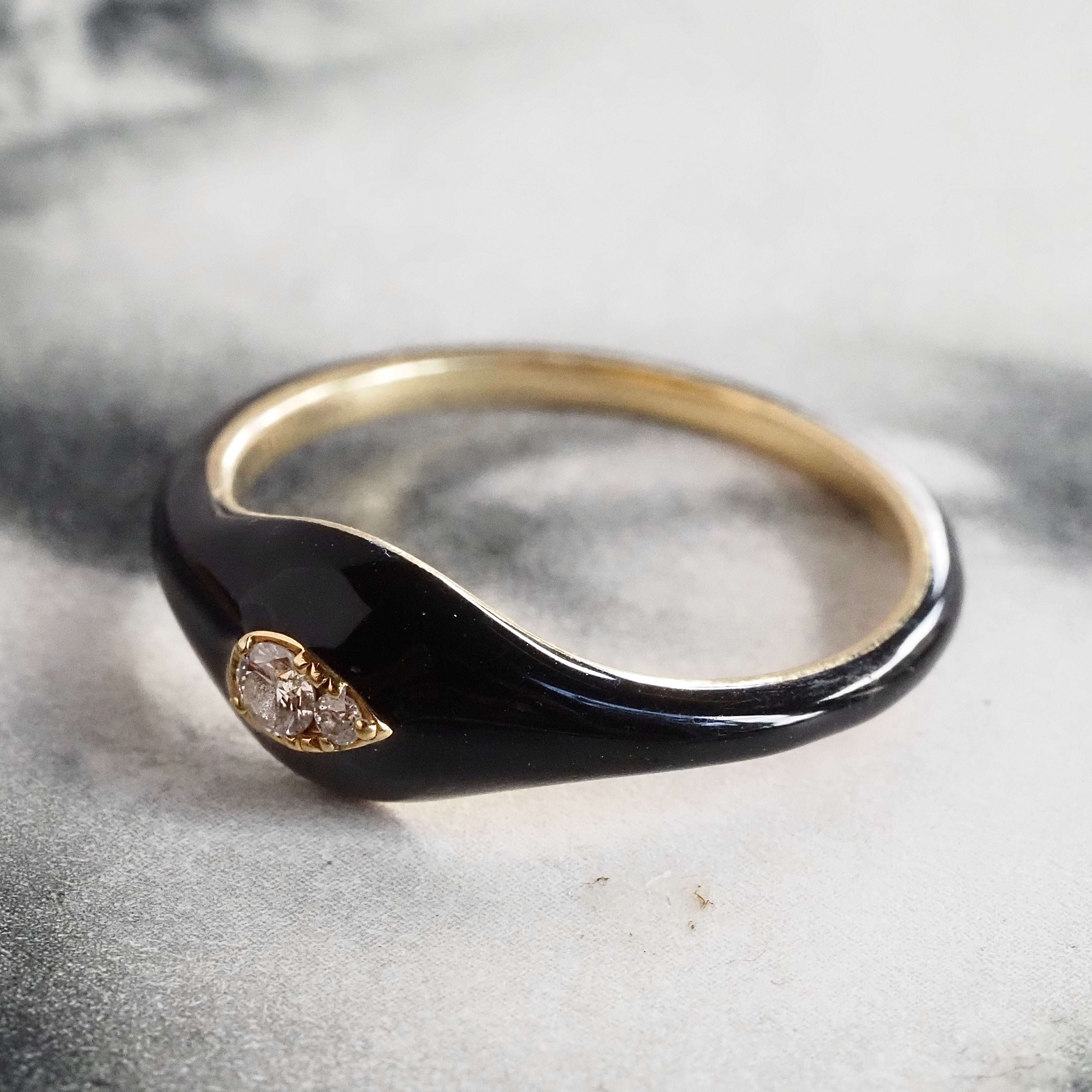 Domed Black Enamel 18k Gold Diamond Teardrop Ring