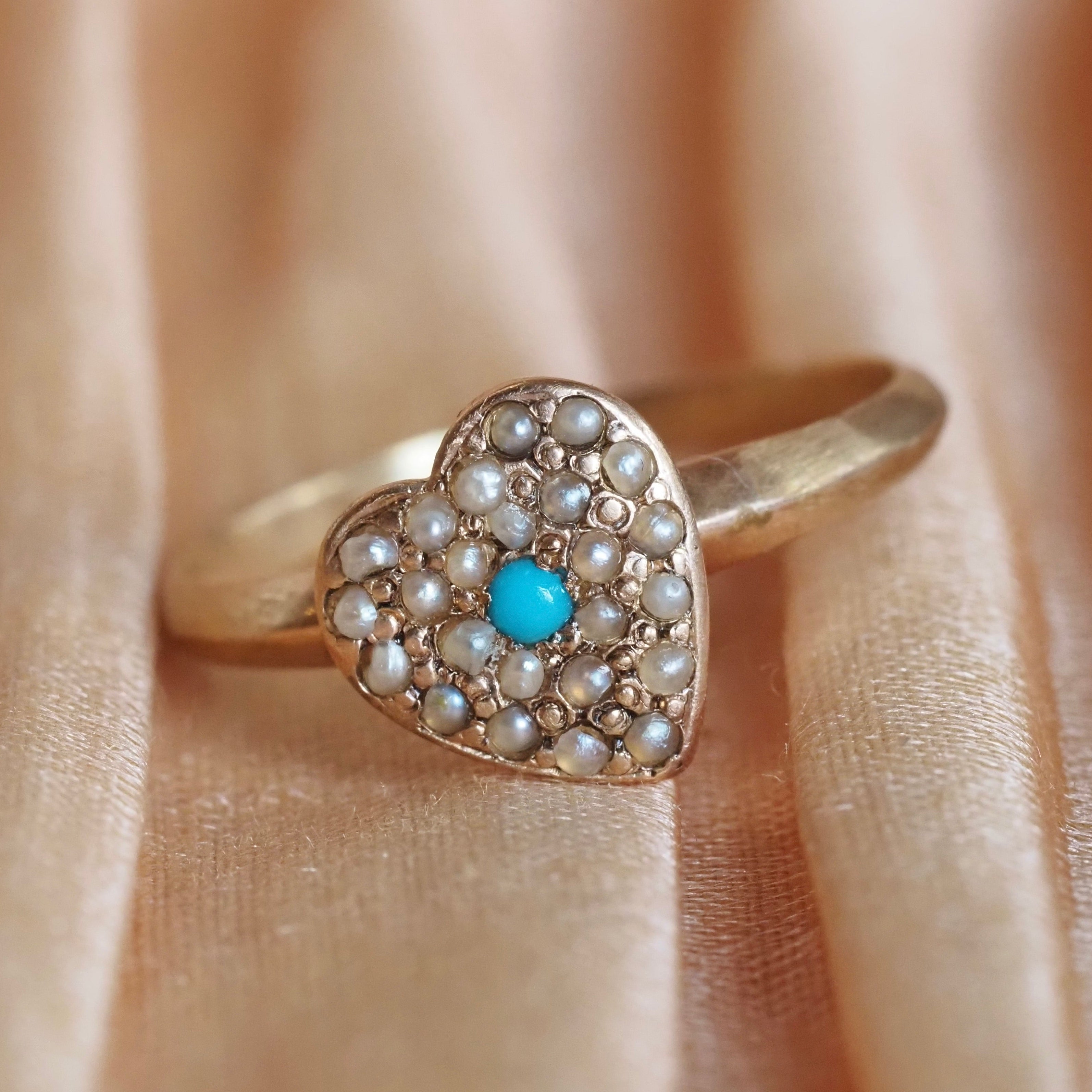 Vintage 10k Gold Turquoise & Seed Pearl Heart Ring