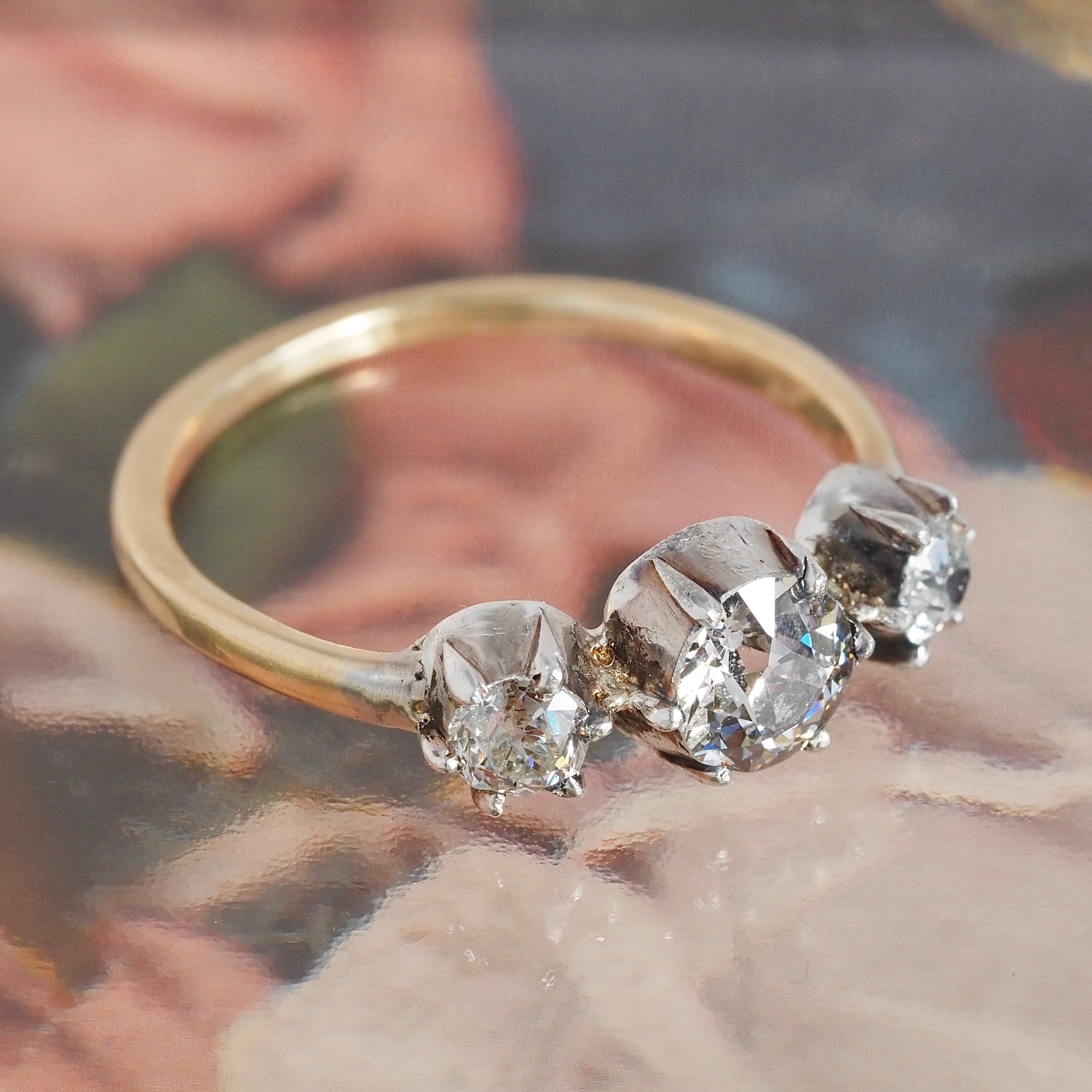 Antique Old European Cut Diamond Trilogy 18k Gold Sterling Silver Ring