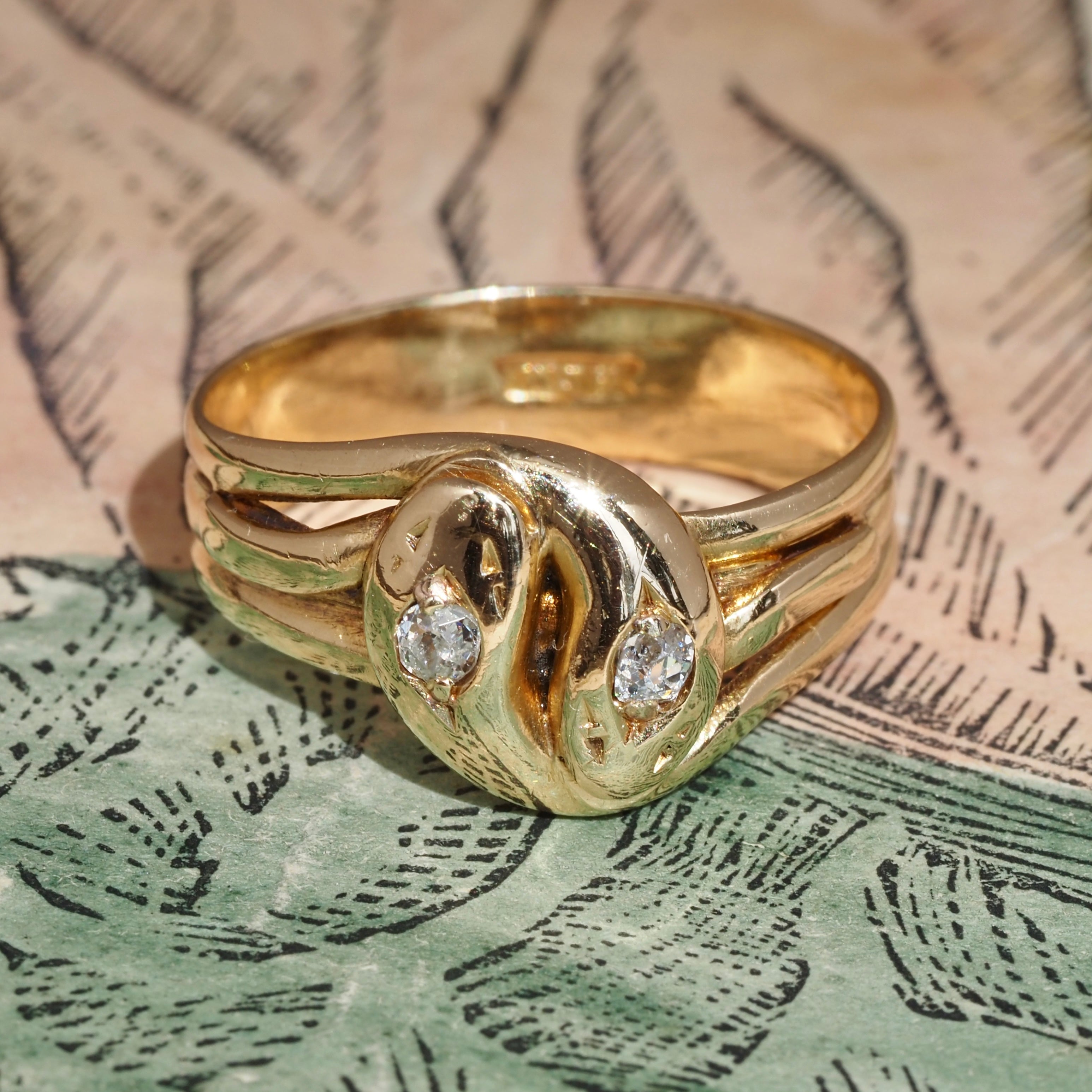 Antique English Double Snake Old Mine Cut Diamond 18k Gold Ring