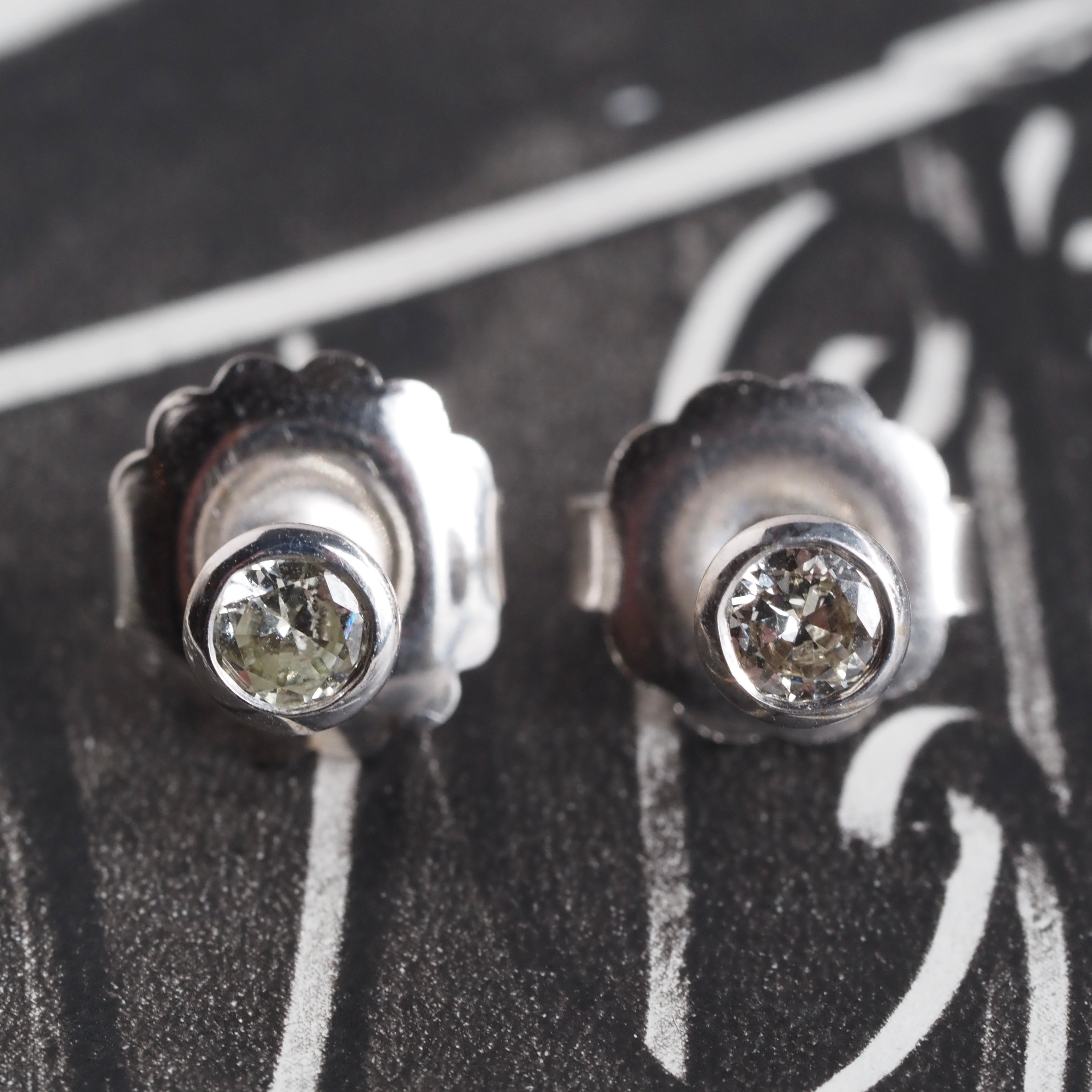 Vintage Diamond 18k White Gold Bezel Set Earrings