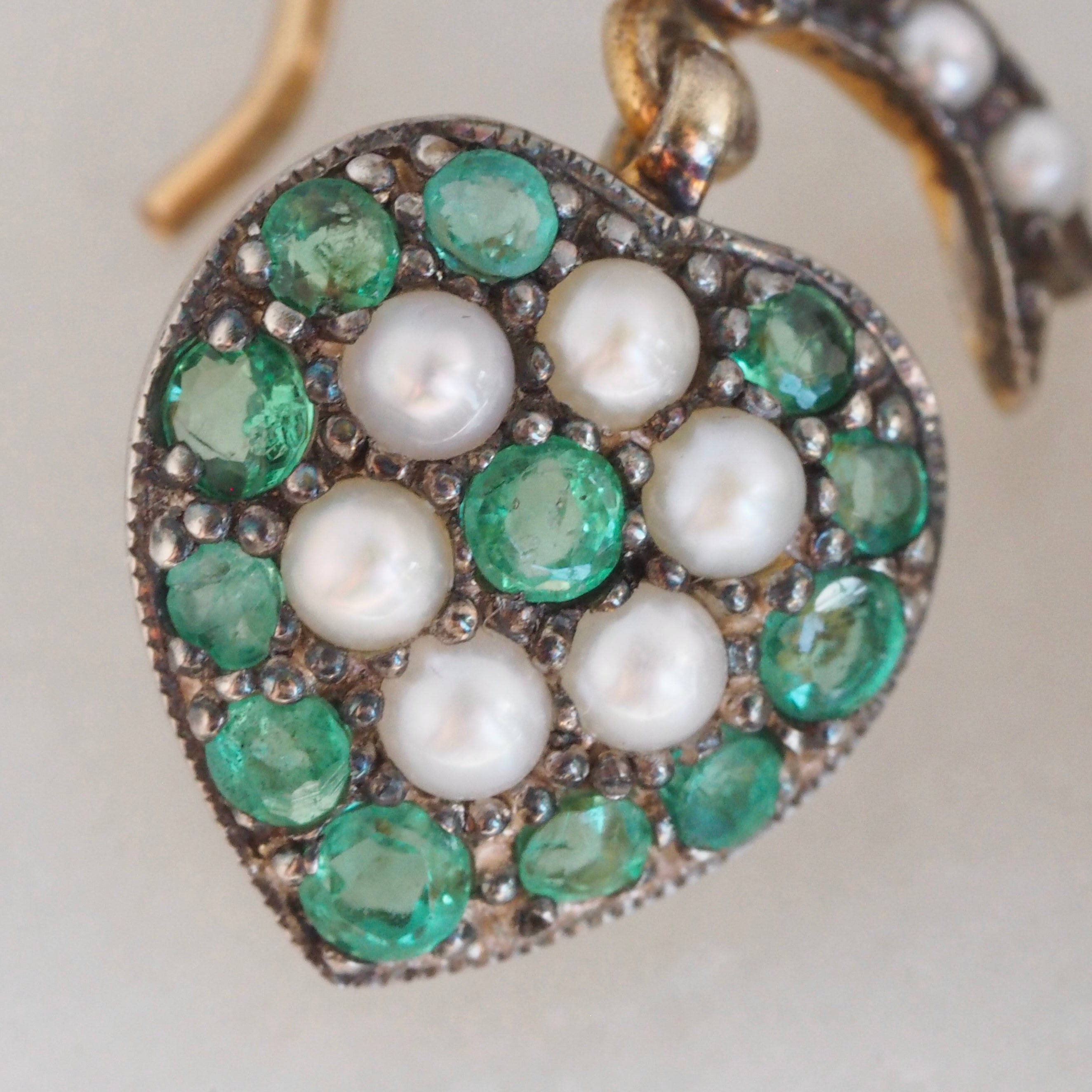 Vintage English 14k Gold Emerald Diamond and Pearl Heart Ribbon Earrings
