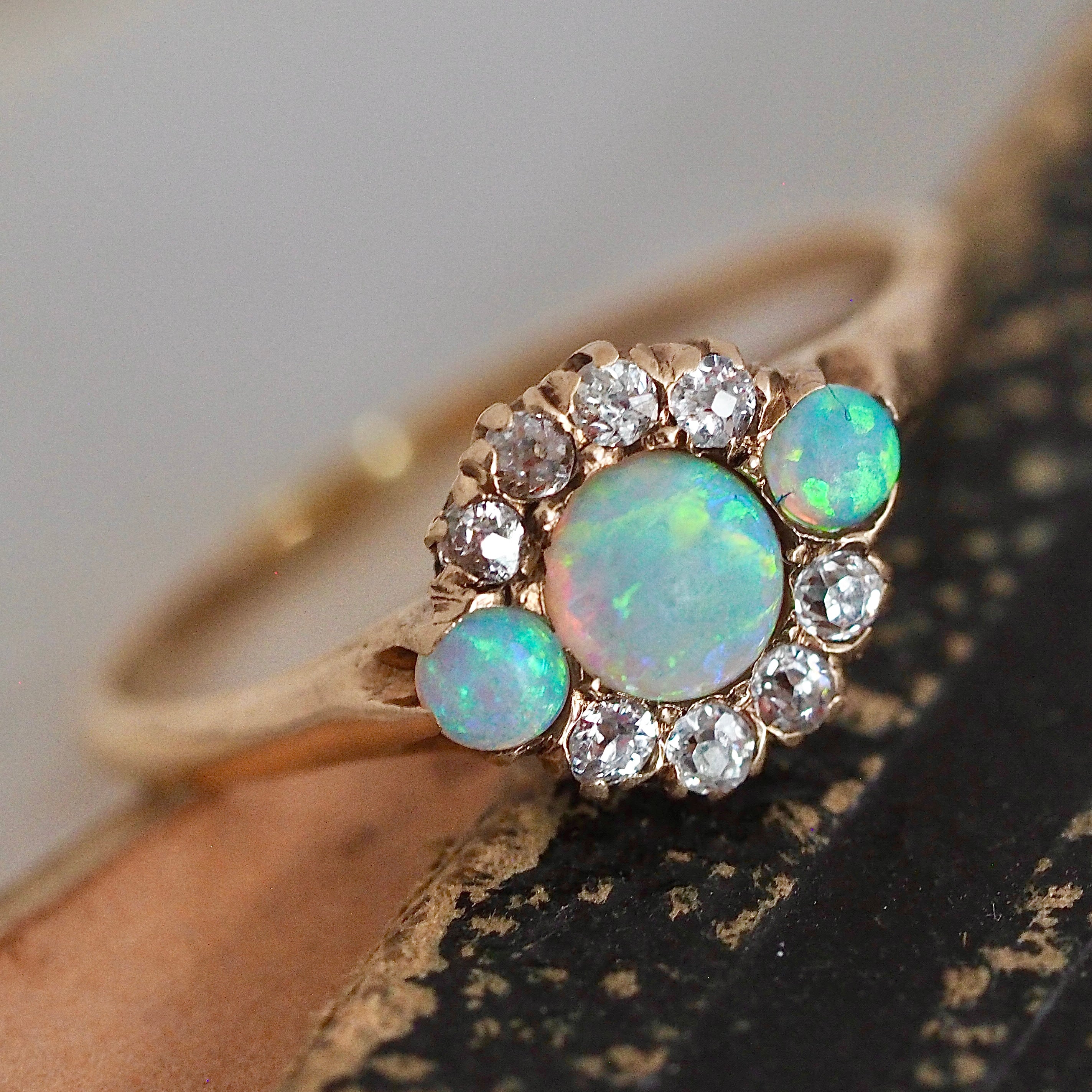 Antique 14k Gold Opal and Old Mine Cut Diamond Halo Ring