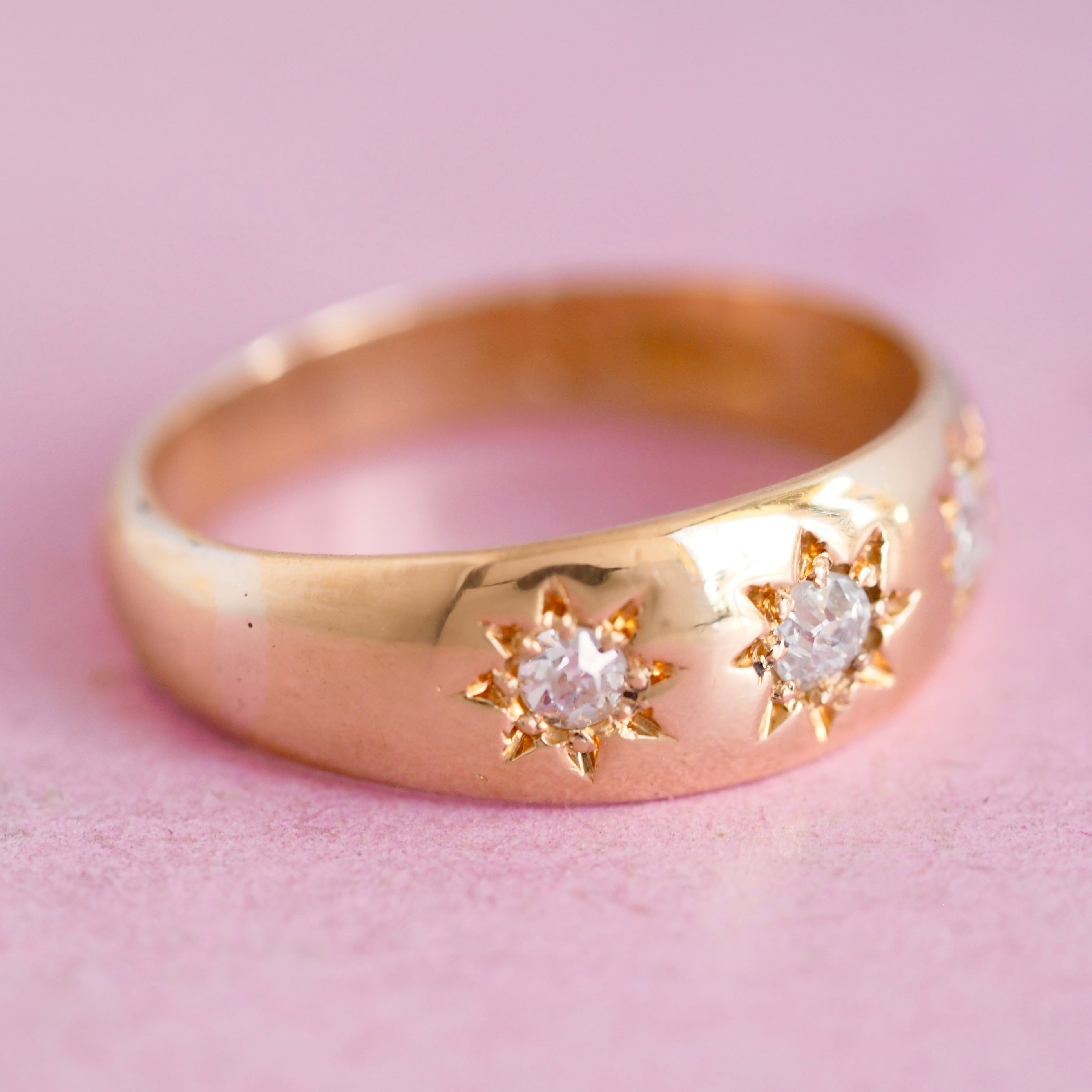 Antique c.1915 Birmingham 18k Gold Old Mine Cut Diamond Starburst Trilogy Ring