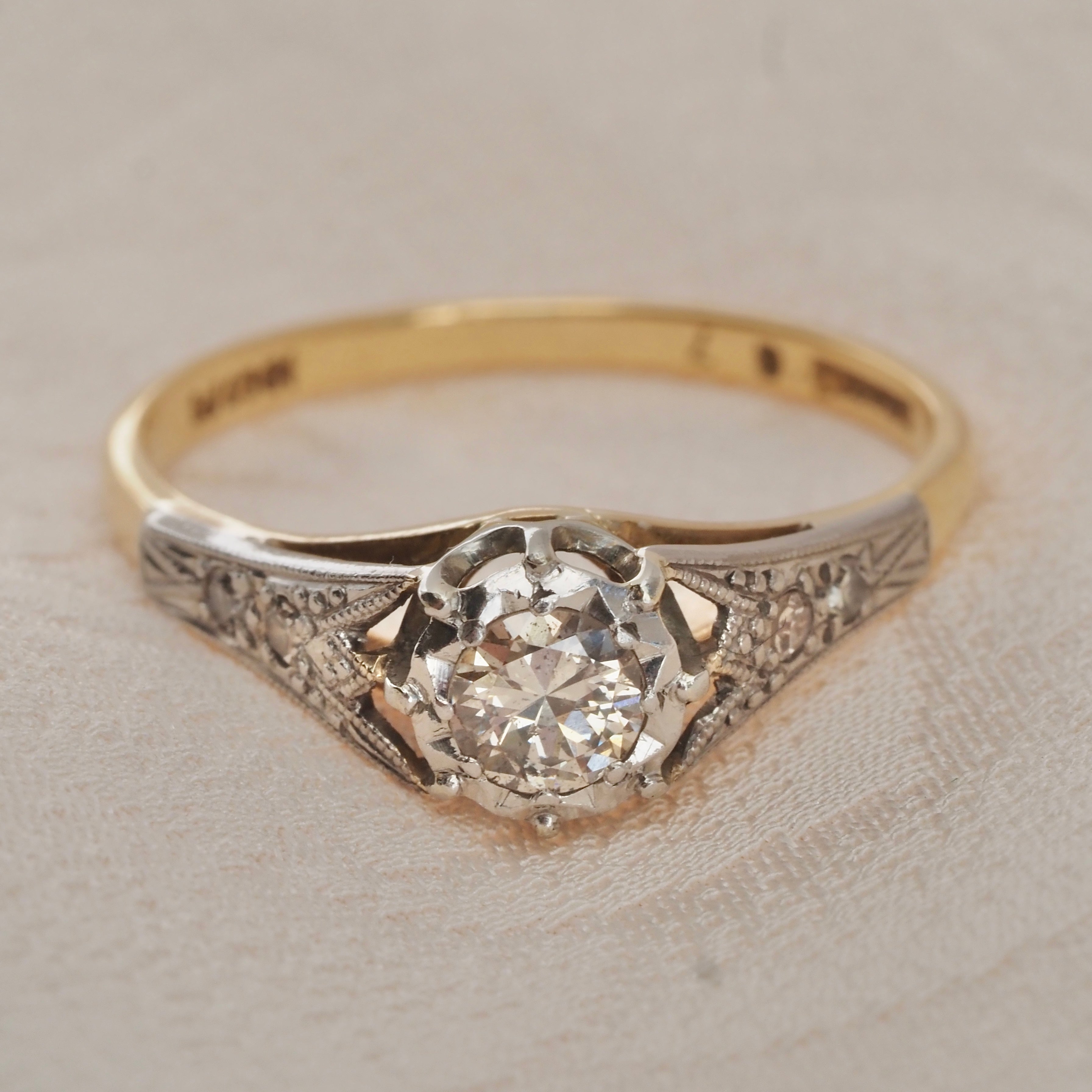 Antique Edwardian 18k White and Yellow Gold Transitional Cut Diamond Solitaire Engagement Ring