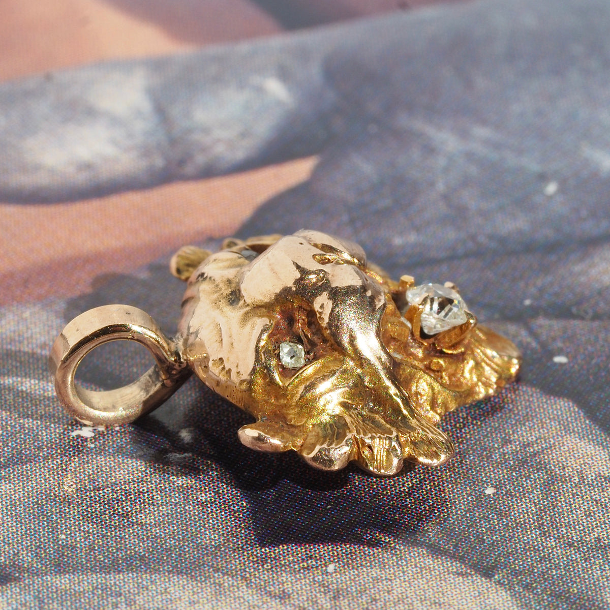 Antique Victorian Lion with Old Mine Cut Diamonds 14k Gold Pendant