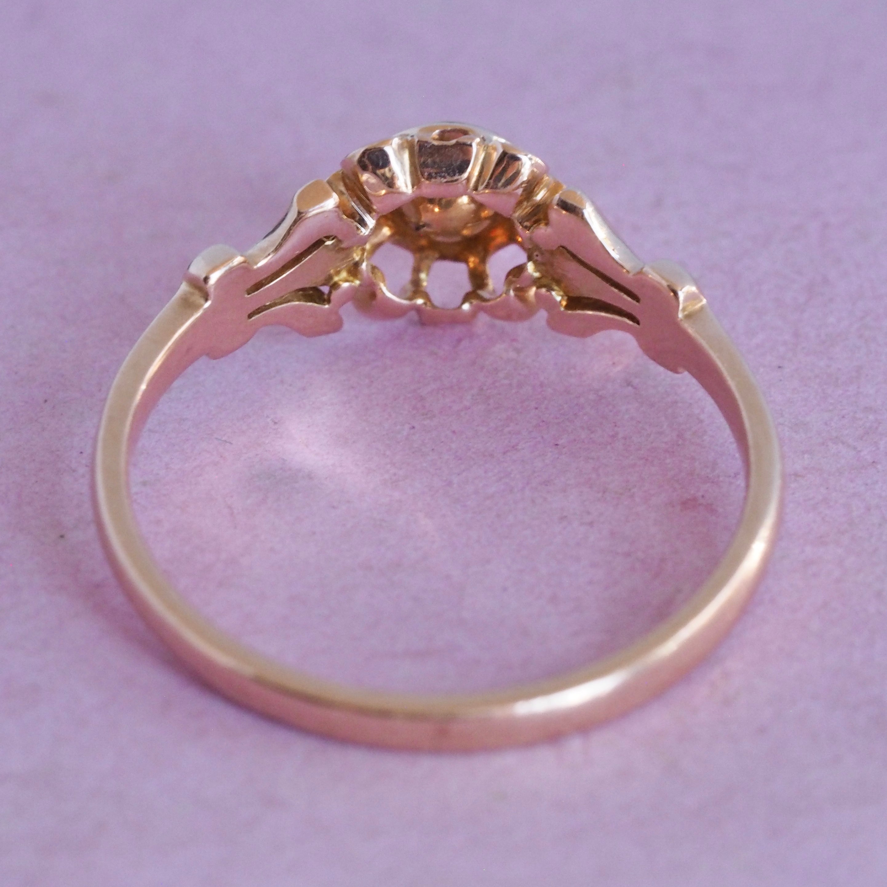 Antique Victorian 18k Rose Gold Foiled Back Rose Cut Diamond and Enamel Ring