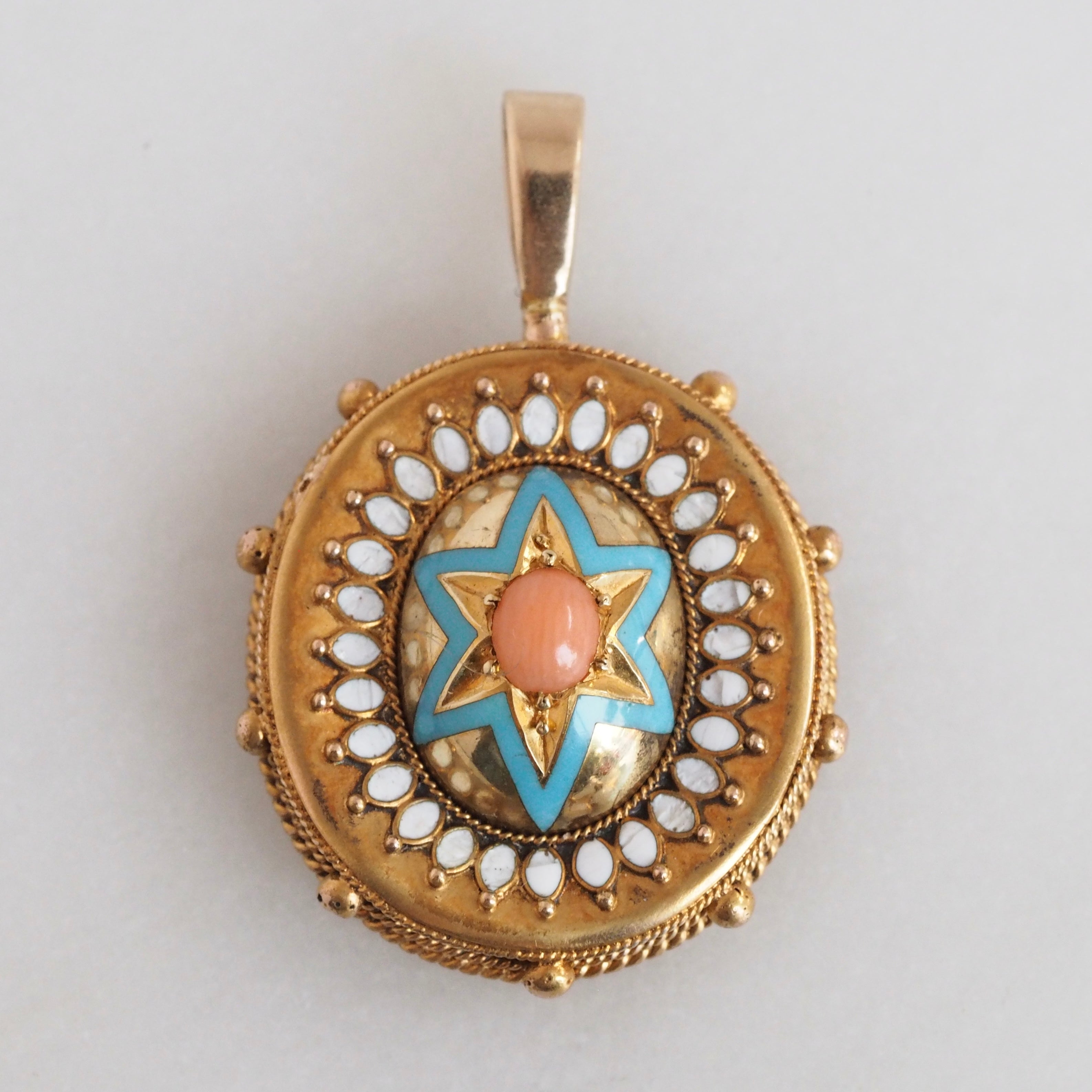 Antique Victorian 14k Gold Enamel and Coral Starburst Pendant