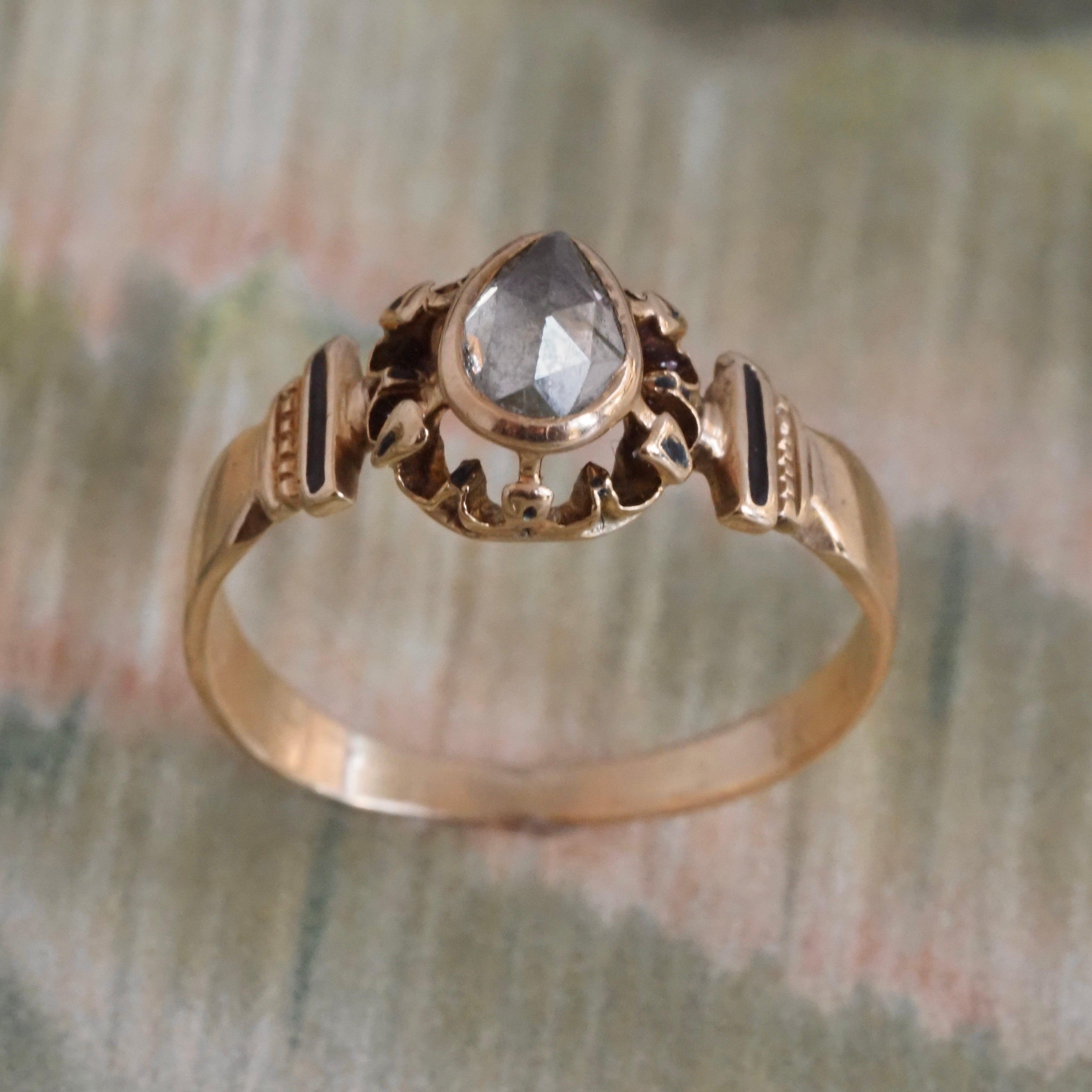 Antique Victorian Foil Backed Pear Rose Cut Diamond Black Enamel 14k Gold Ring
