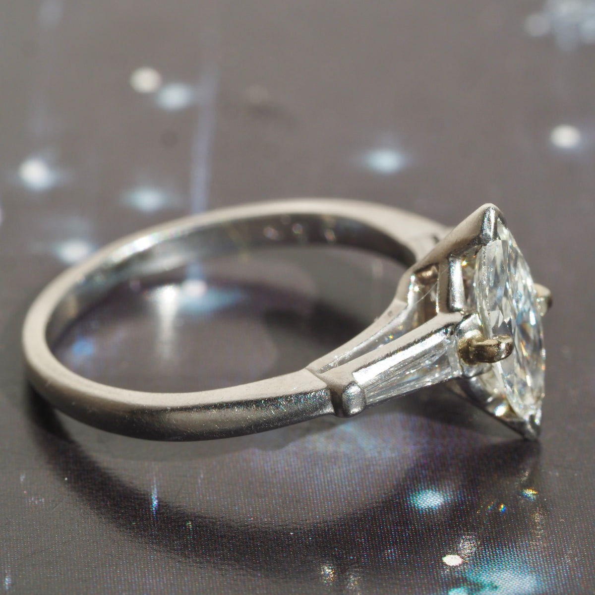 Vintage Marquise and Baguette Diamond Platinum Engagement Ring with 14k White Gold Wedding Band