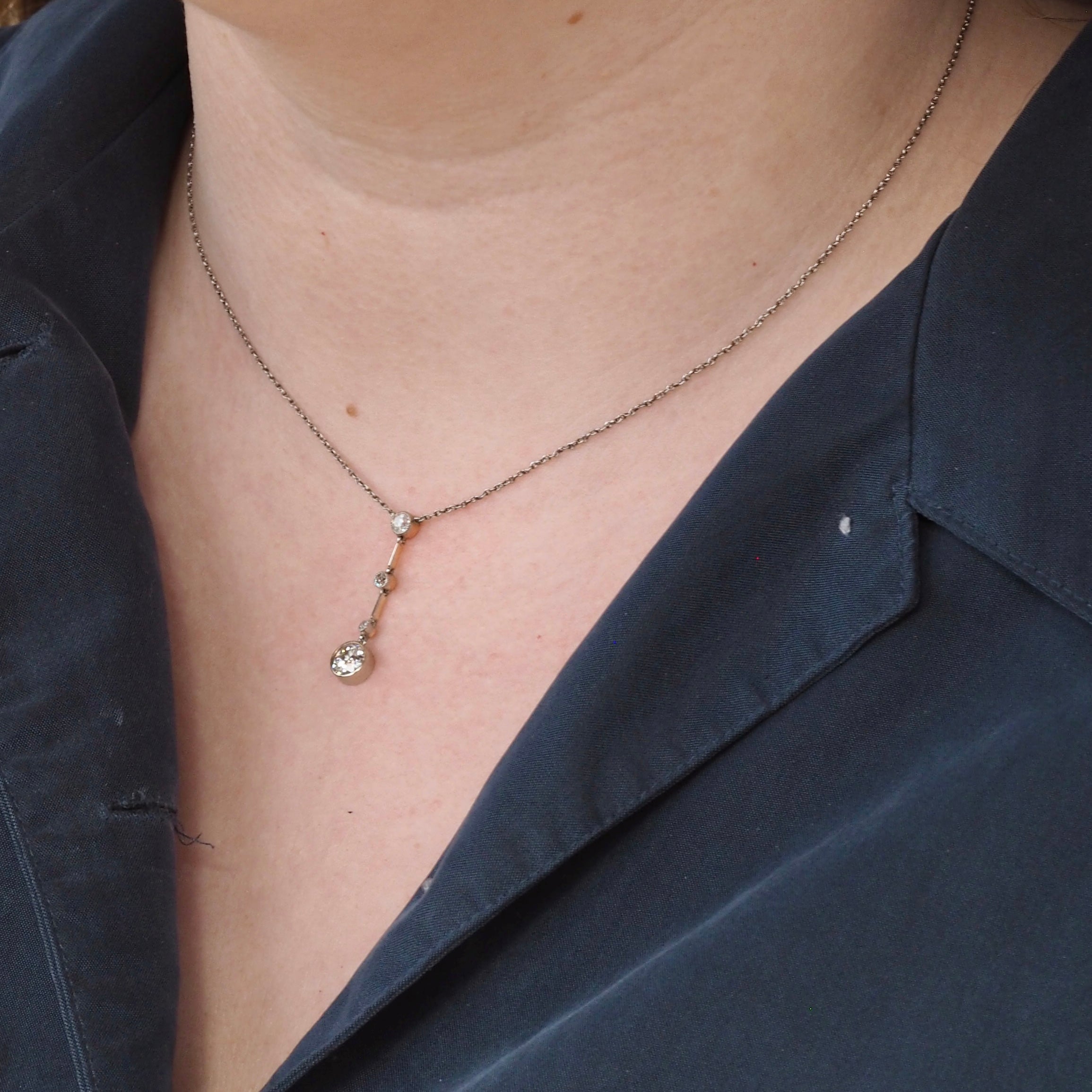 Art Deco Platinum & 14k White Gold Diamond Lavalier Necklace