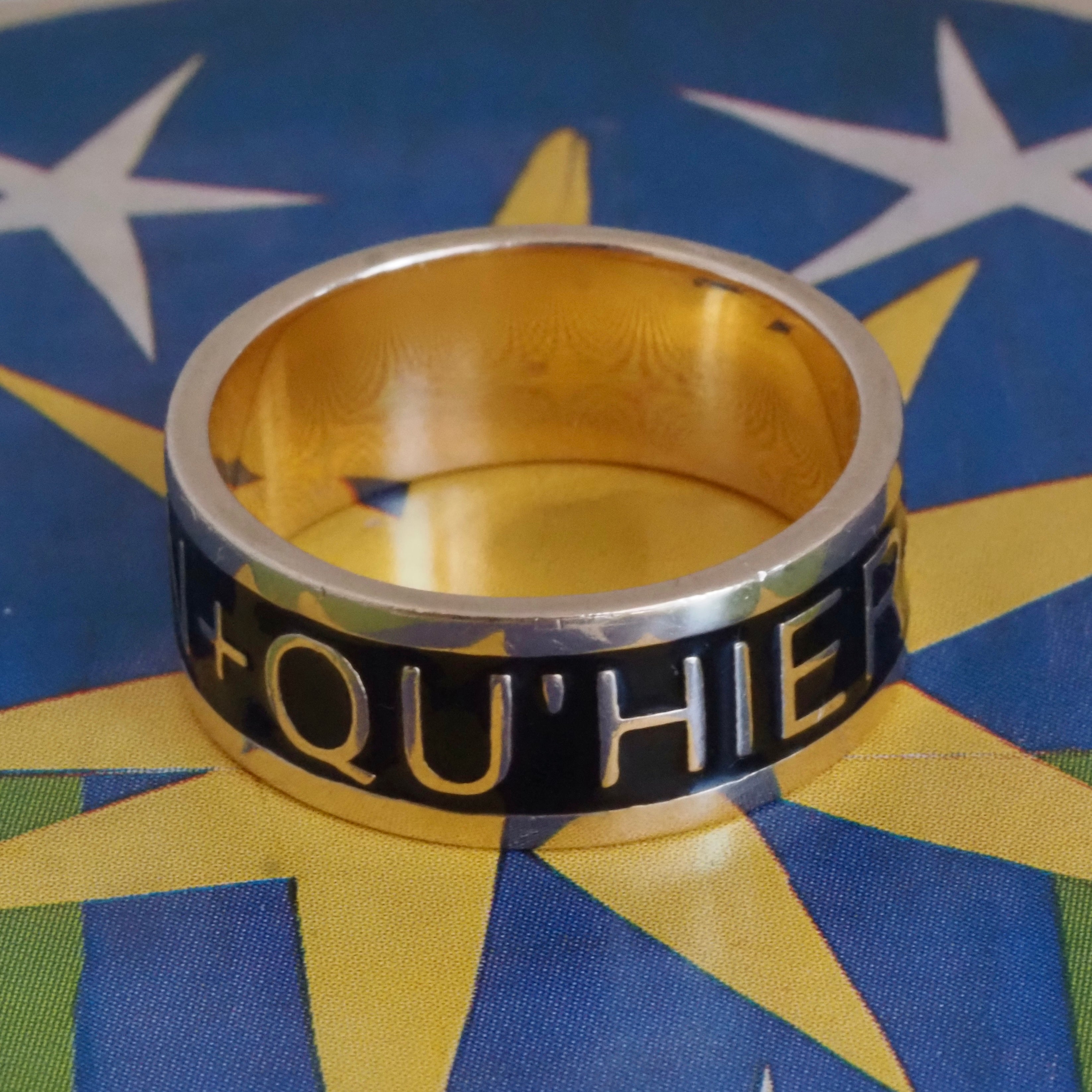 Qu'Heir Que Demain "More Than Yesterday, Less Than Tomorrow" 14k Gold Black Enamel Wide Band
