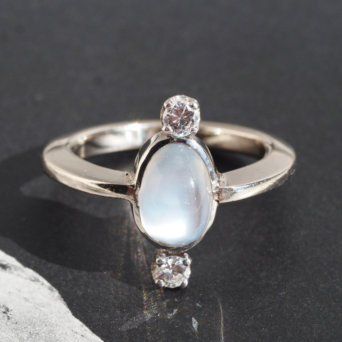 Antique Victorian Moonstone Diamond Palladium and 14k White Gold Ring