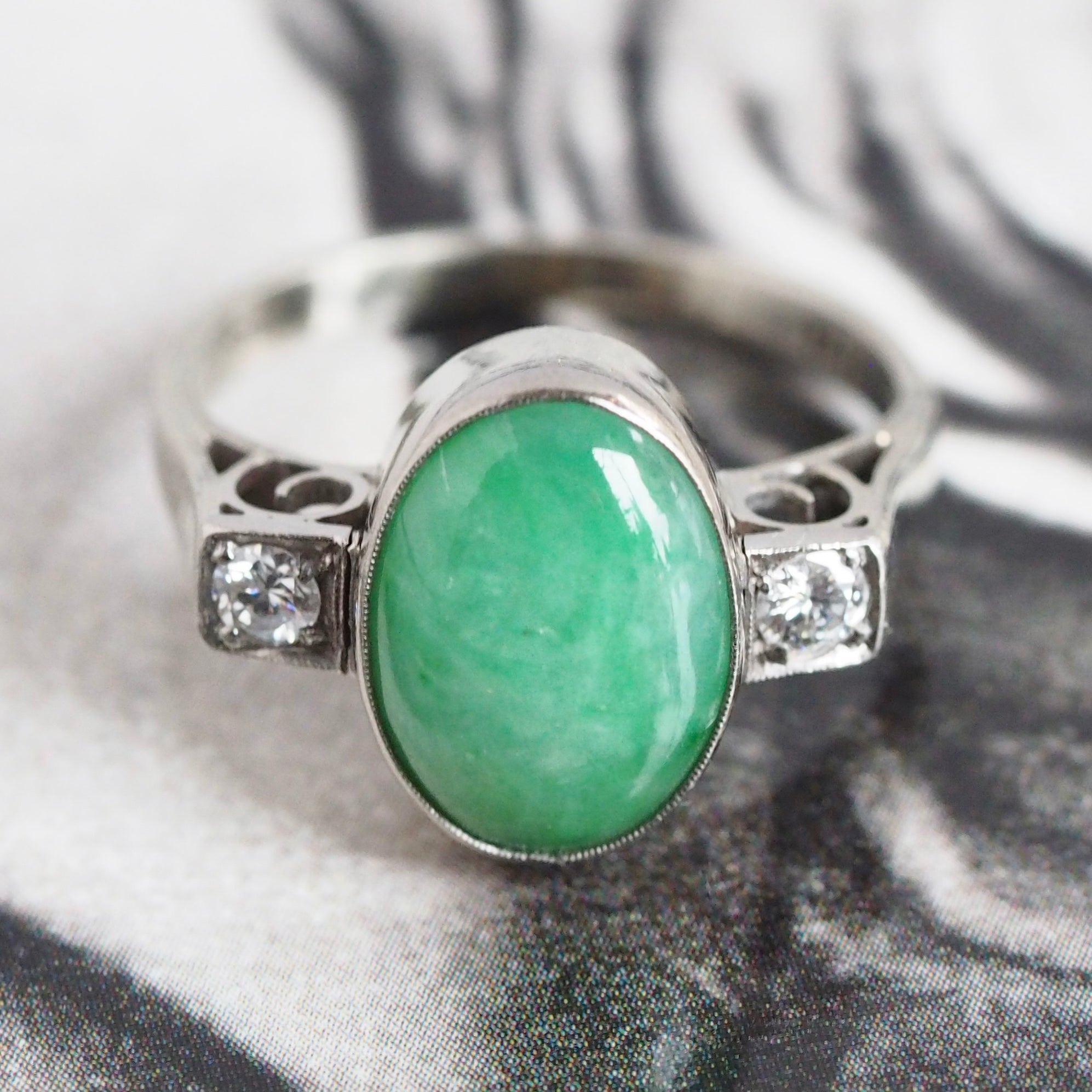 Art Deco 14k White Gold Jade Diamond Ring