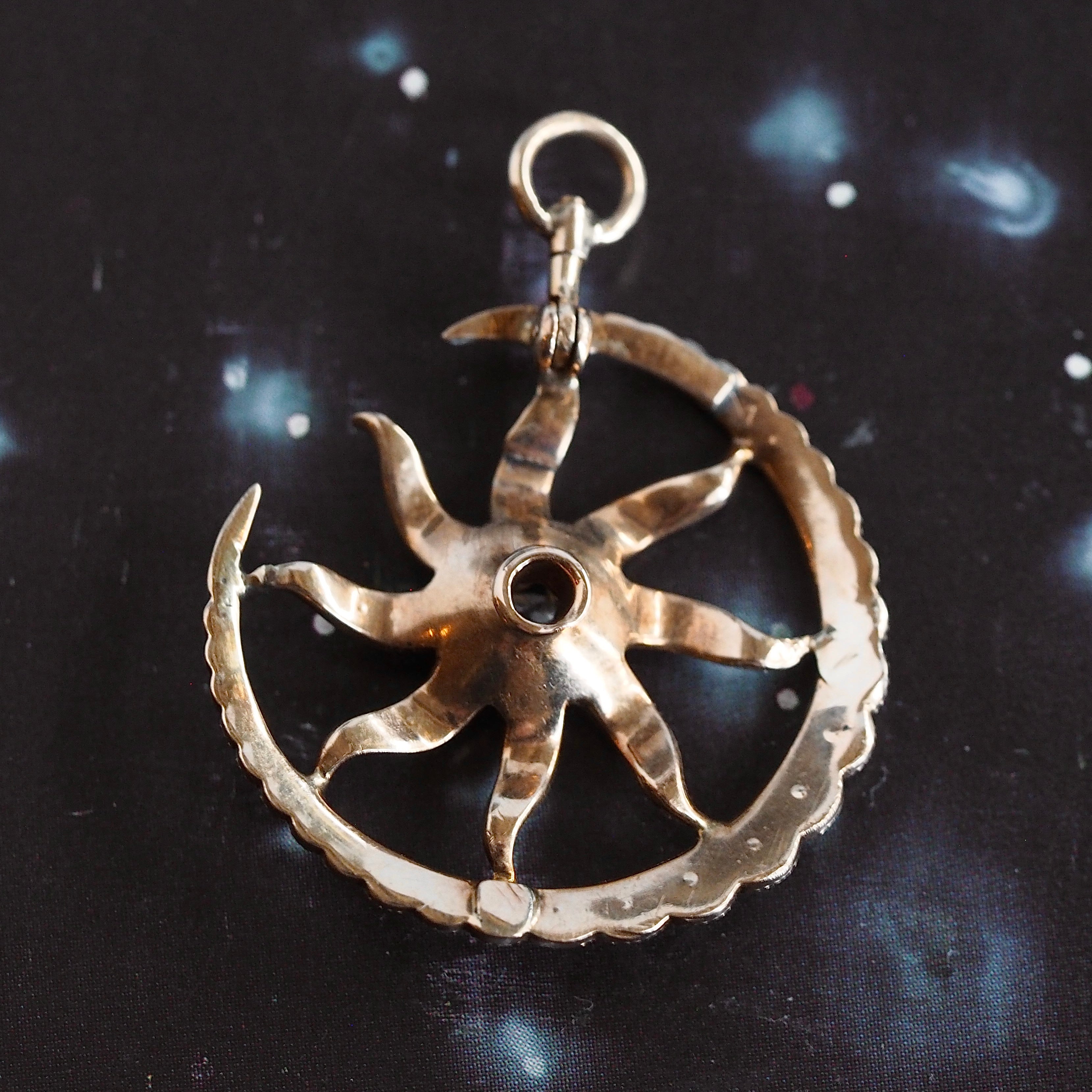 Antique Victorian 14k Gold Seed Pearl Old Mine Cut Diamond Sun and Moon Pendant