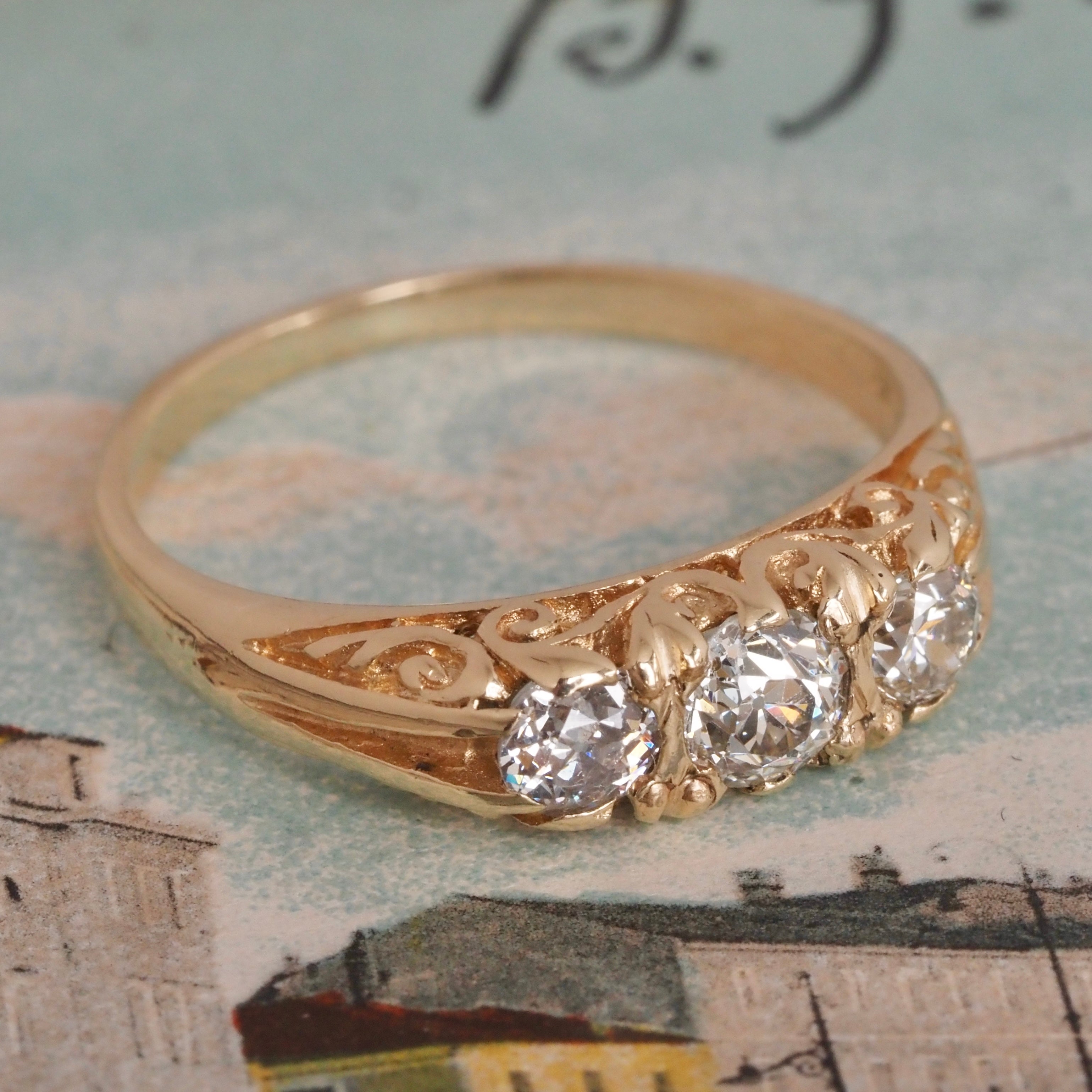 Art Nouveau Style Antique Old Mine Cut Diamond Trilogy 14k Gold Ring
