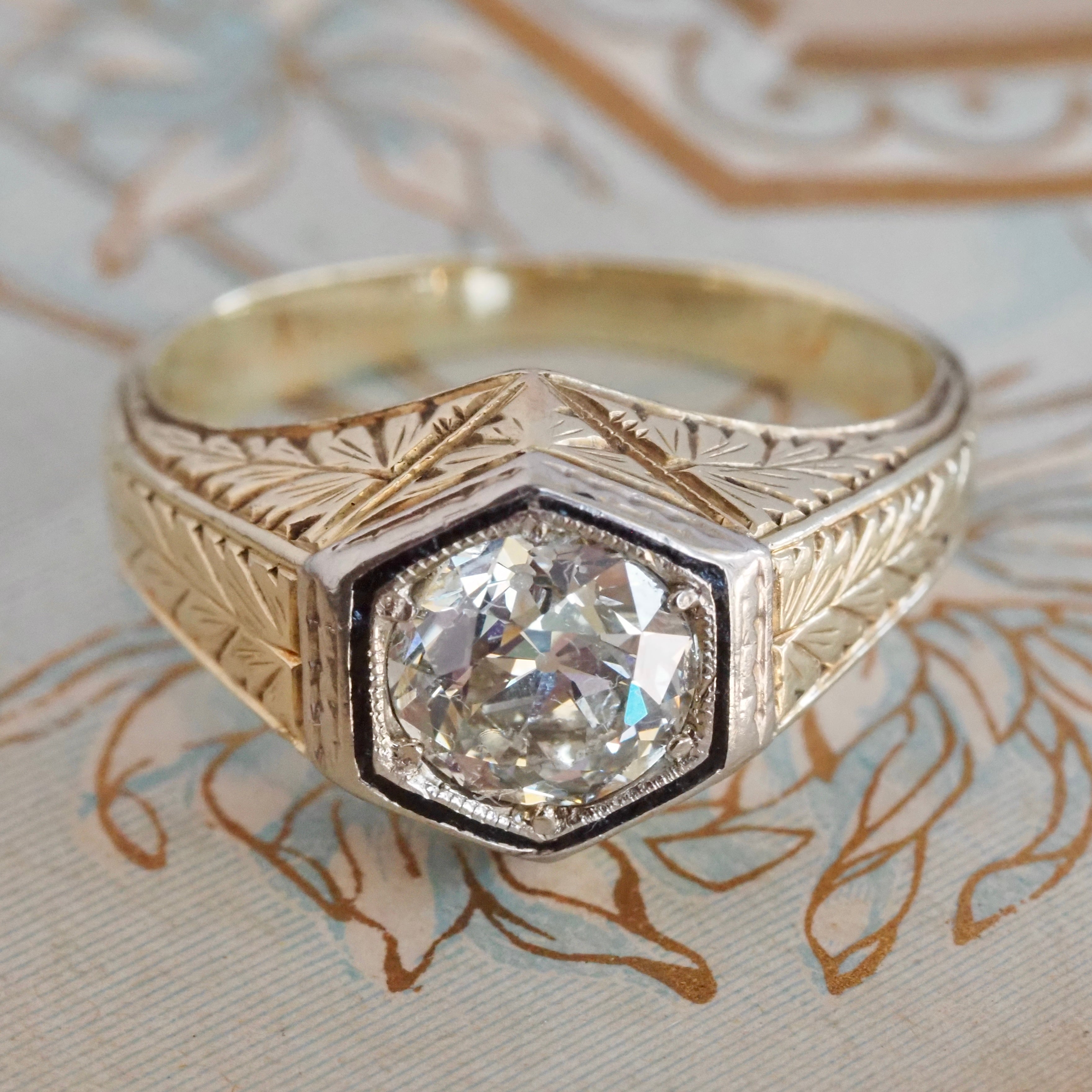 Art Deco 14k Gold Enamel Old European Cut Diamond Engagement Ring