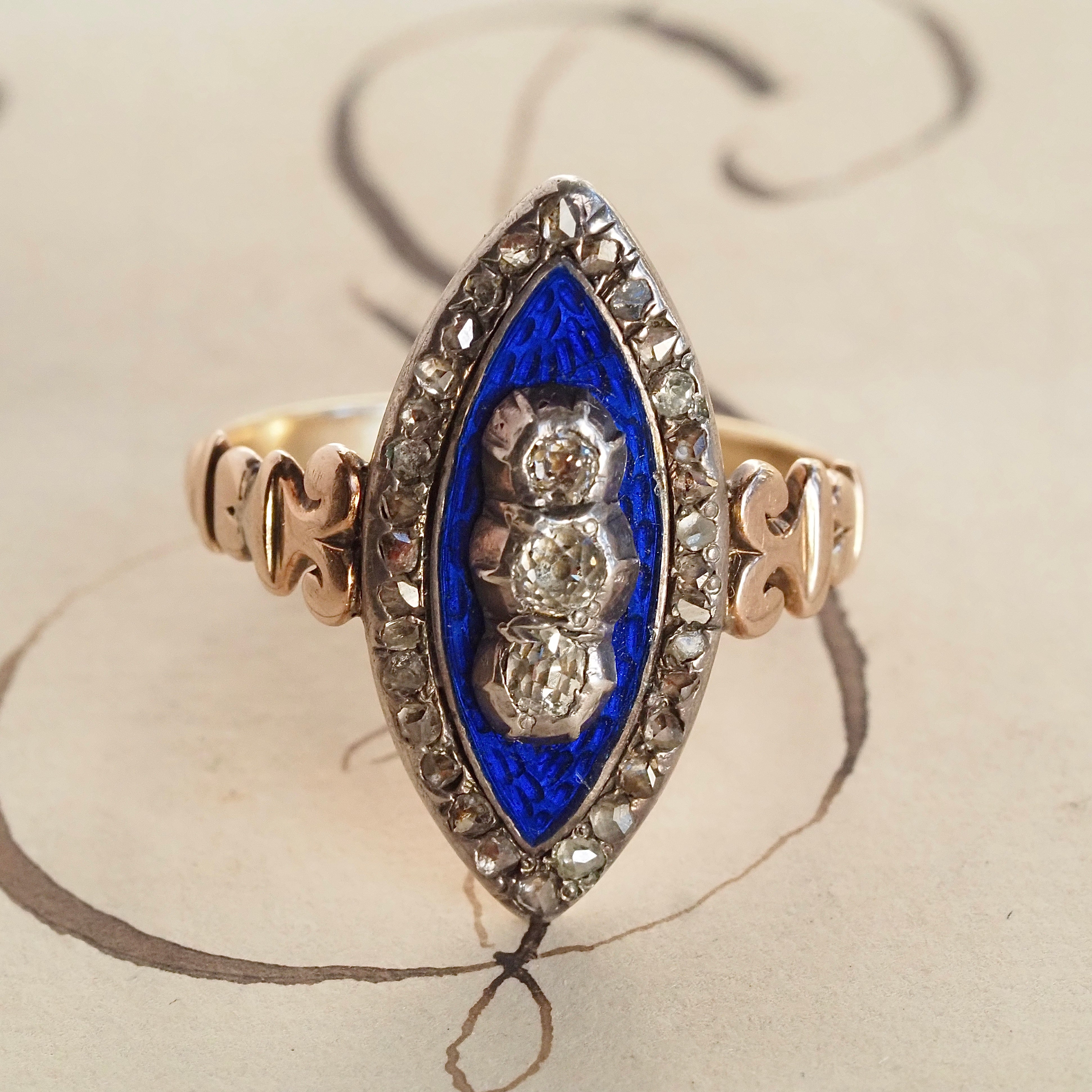Antique Georgian "Bague au Firmament" Ring of the Heavens Rose Cut Diamond Midnight Enamel 15k Gold & Silver Navette Ring