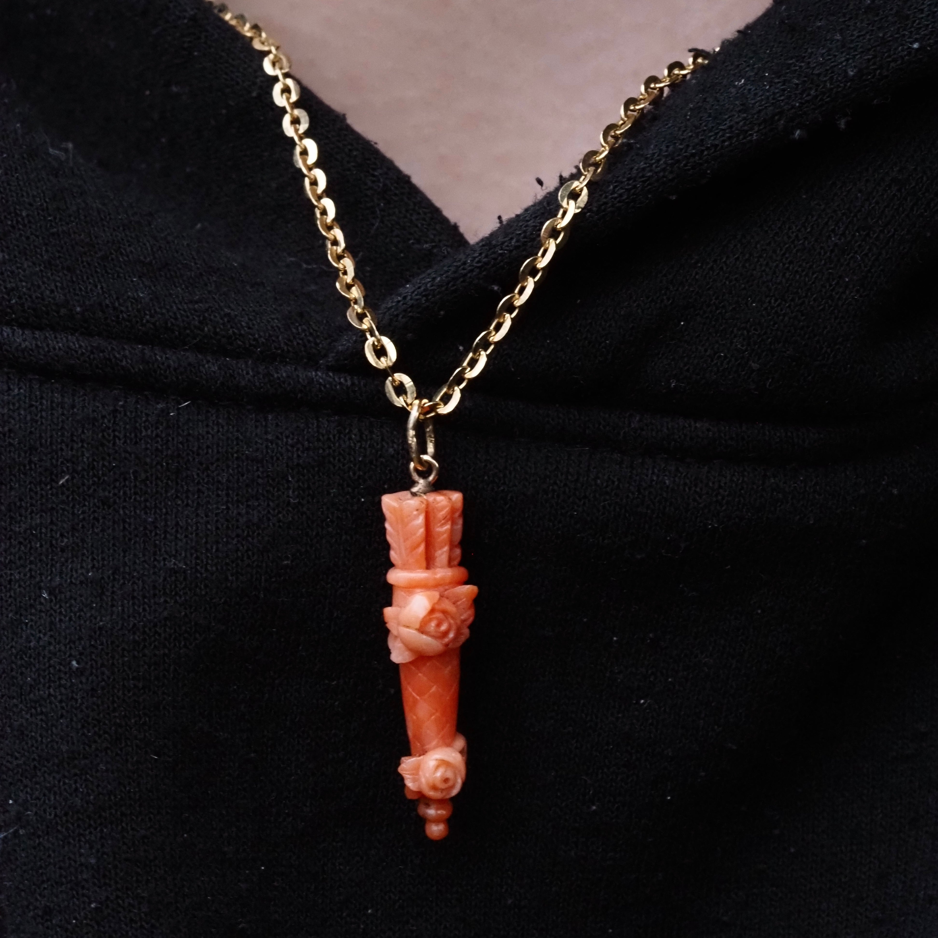 Antique Carved Coral Quiver 14k Gold Charm
