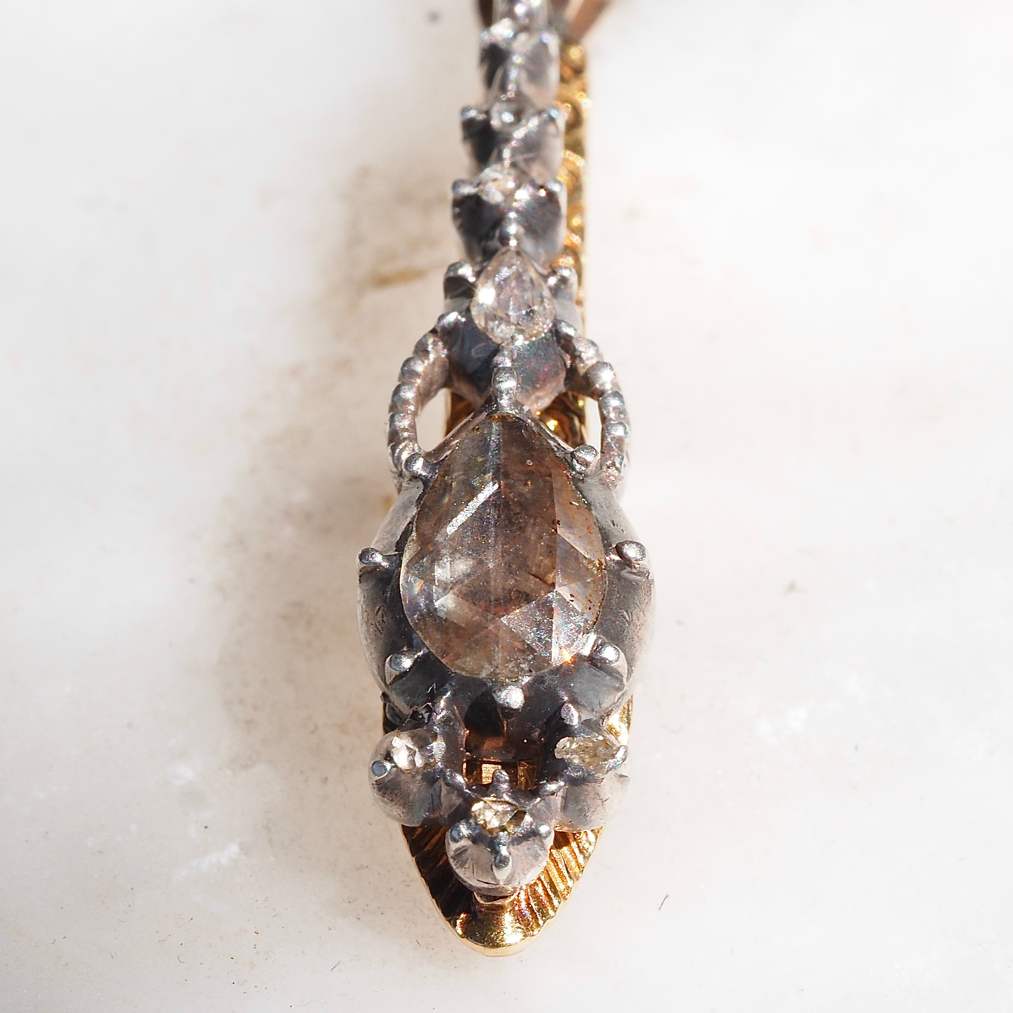 Antique Rose Cut Diamond Gold and Silver Snake Pendant