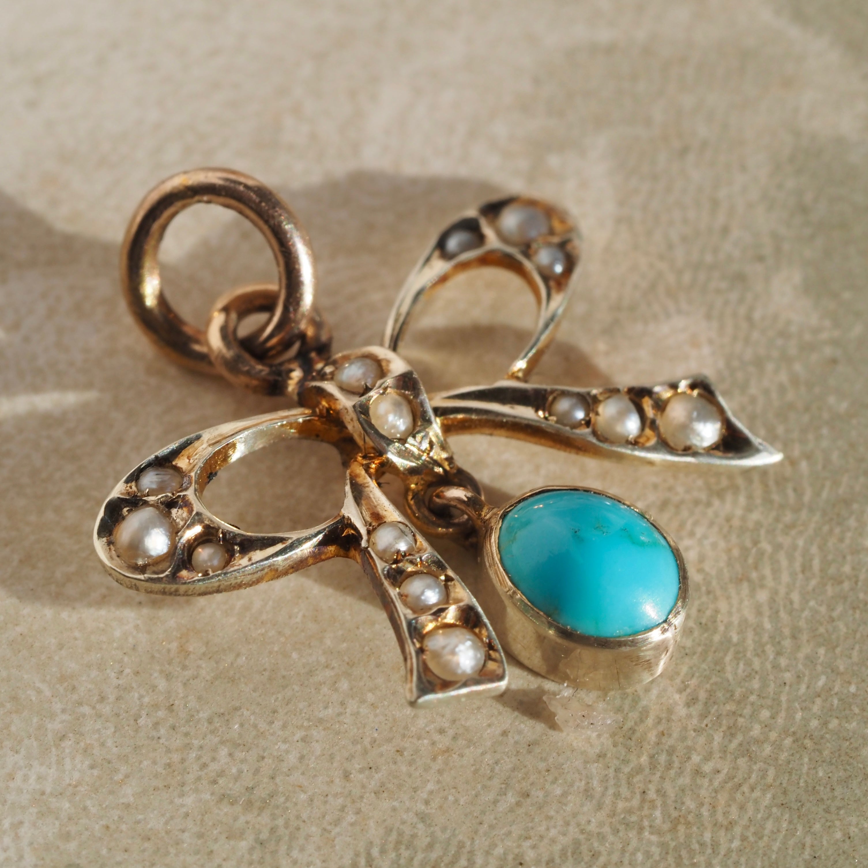 Antique Seed Pearl and Turquoise 10k Gold Bow Charm Pendant