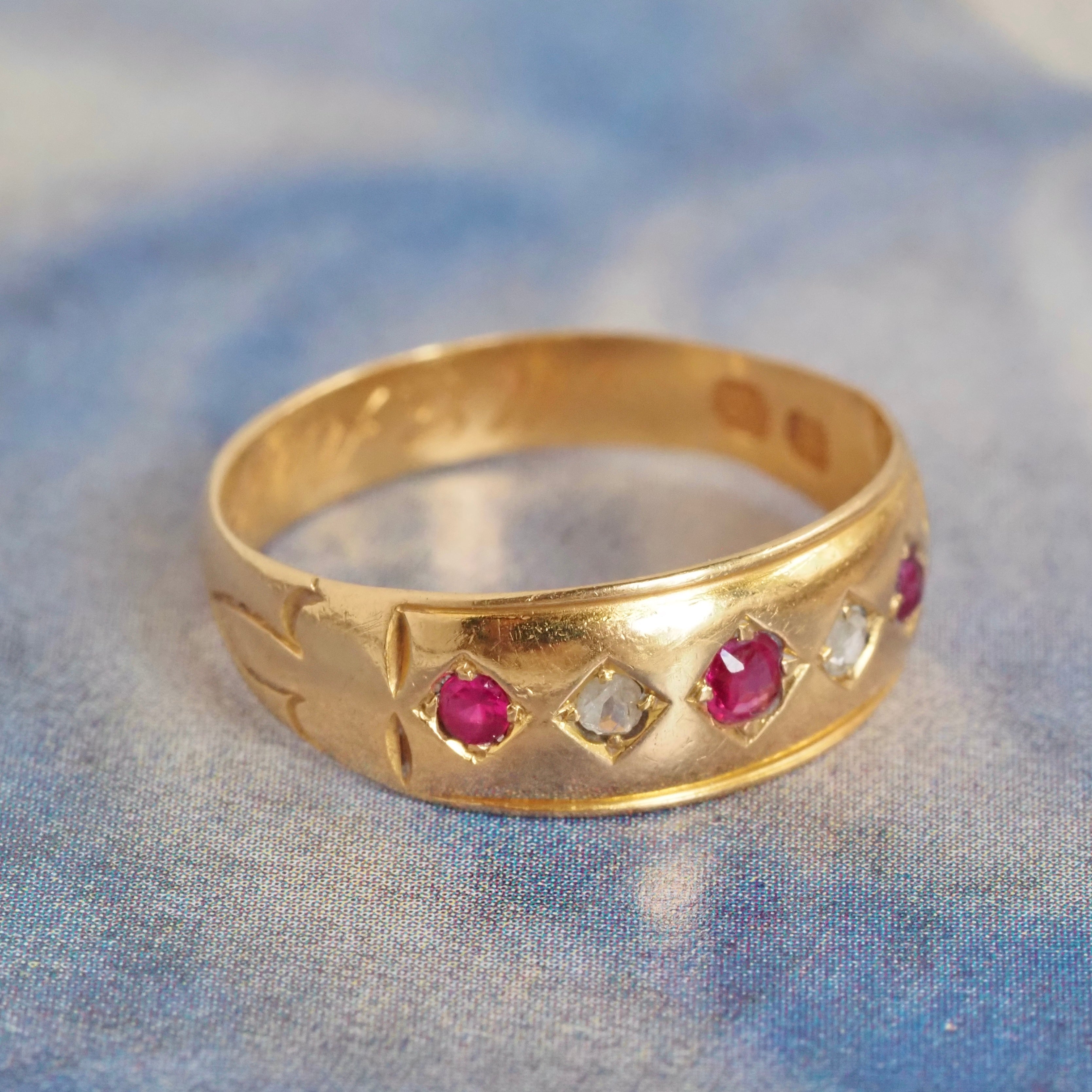 Antique English 18k Gold Natural Ruby and Rose Cut Diamond Flush Set Ring