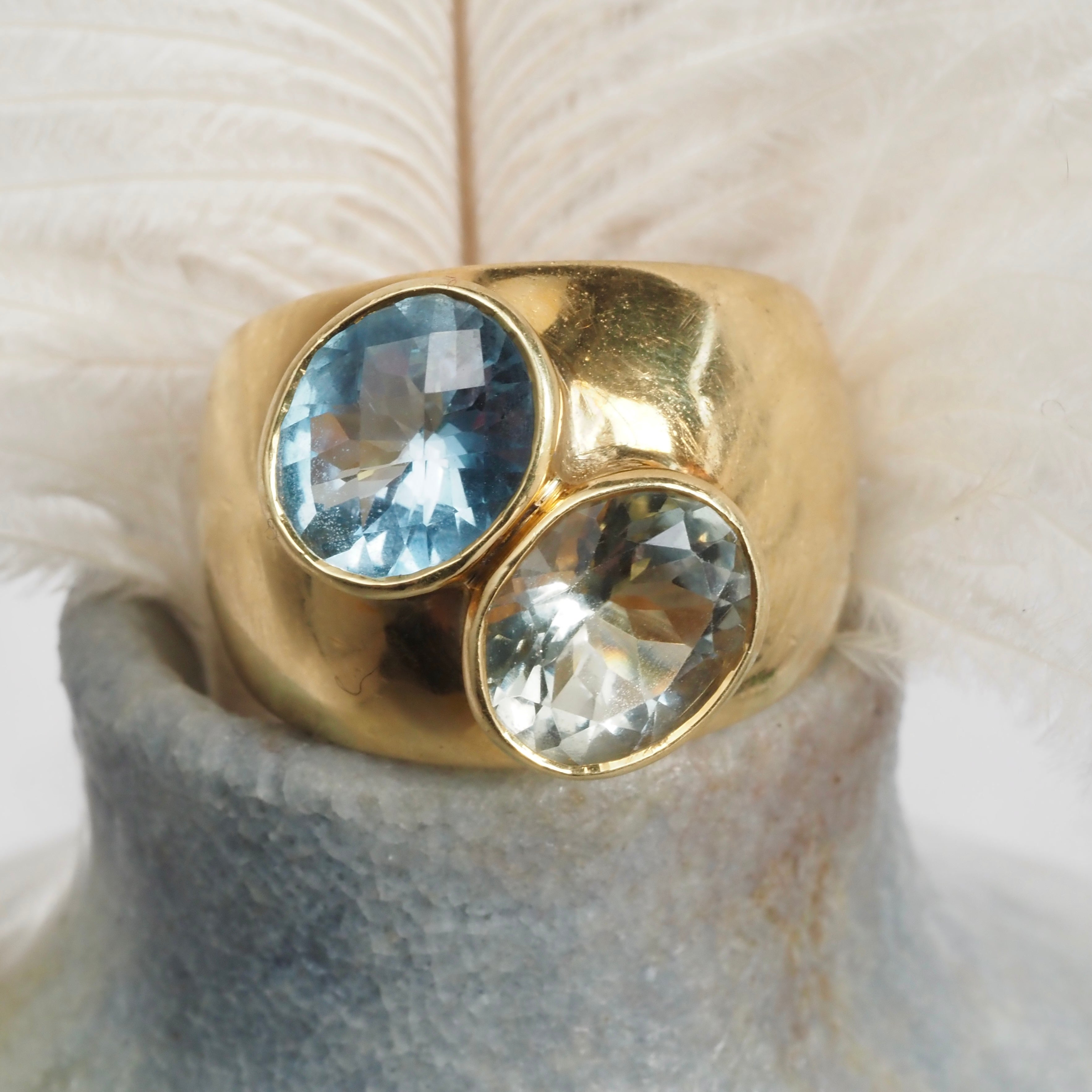 Vintage Topaz and Prasiolite Double Bezel Set 18k Gold Ring
