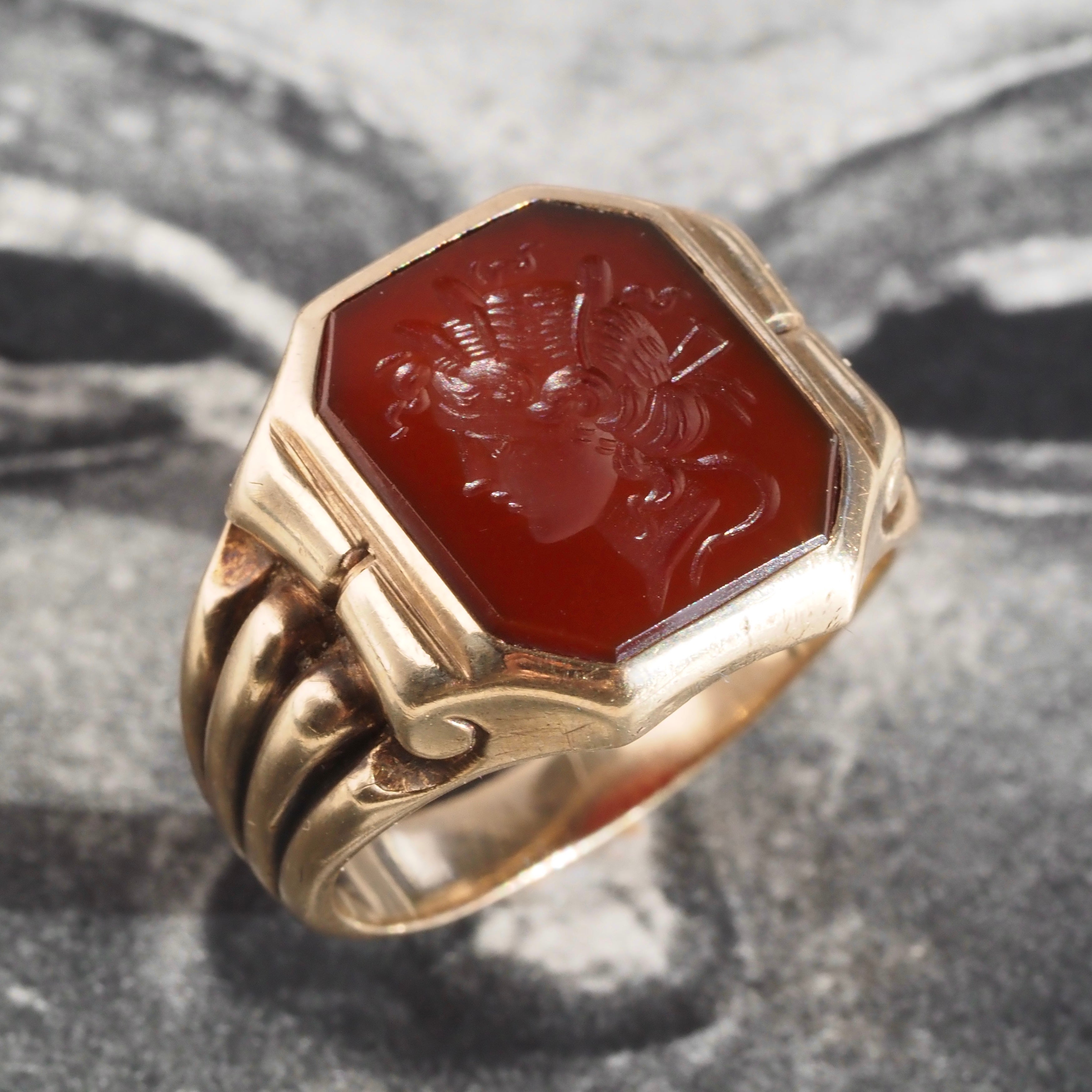 Antique Carnelian Intaglio Goddess 9k Gold Signet Ring