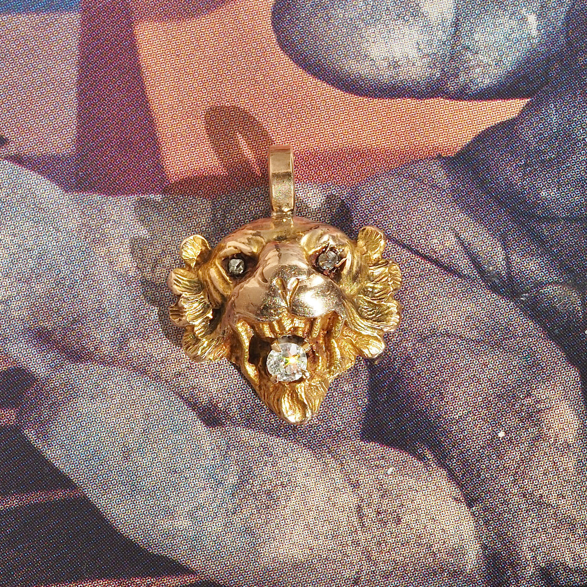 Antique Victorian Lion with Old Mine Cut Diamonds 14k Gold Pendant