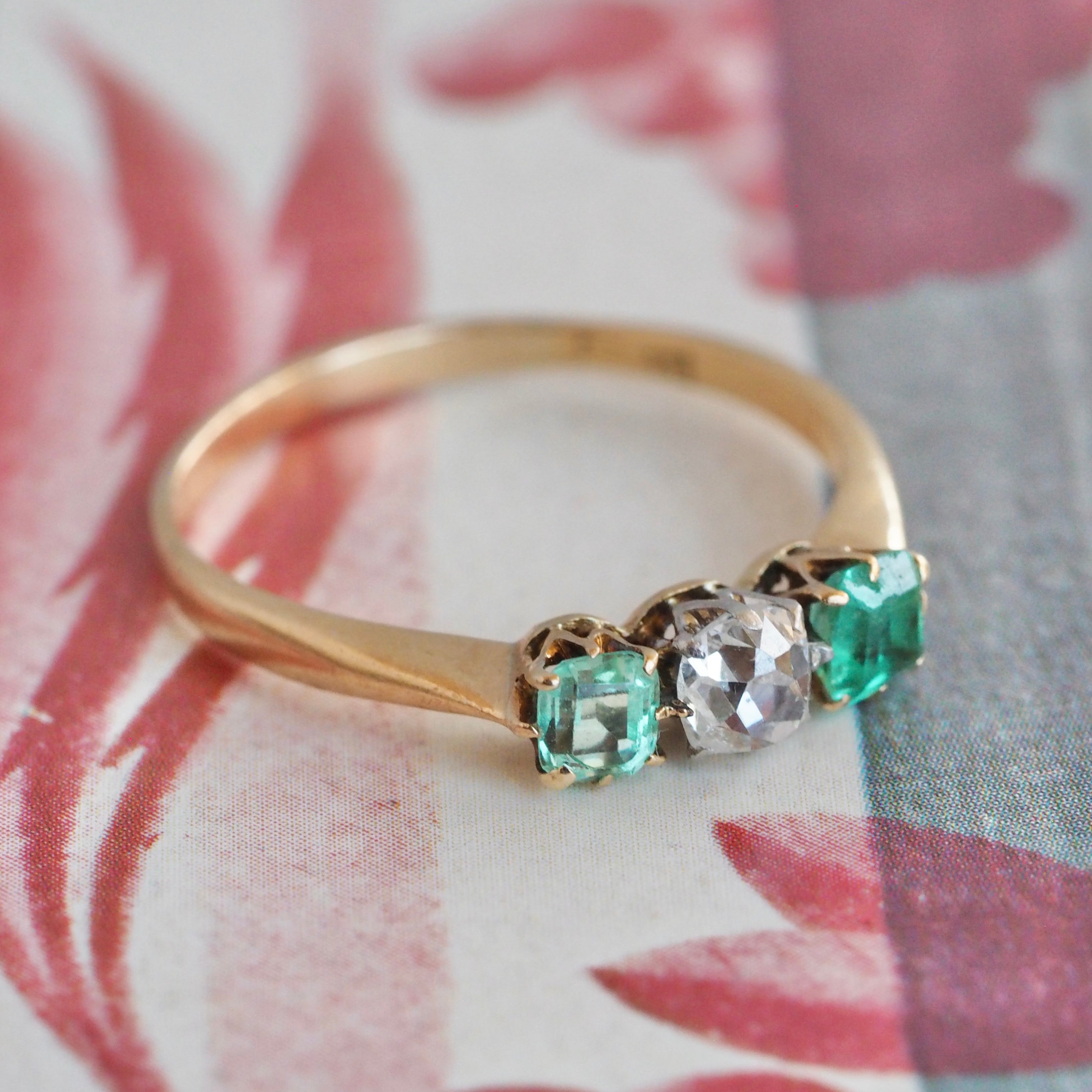 Antique Victorian 14k Gold Emerald and Old Mine Cut Diamond Trilogy Ring