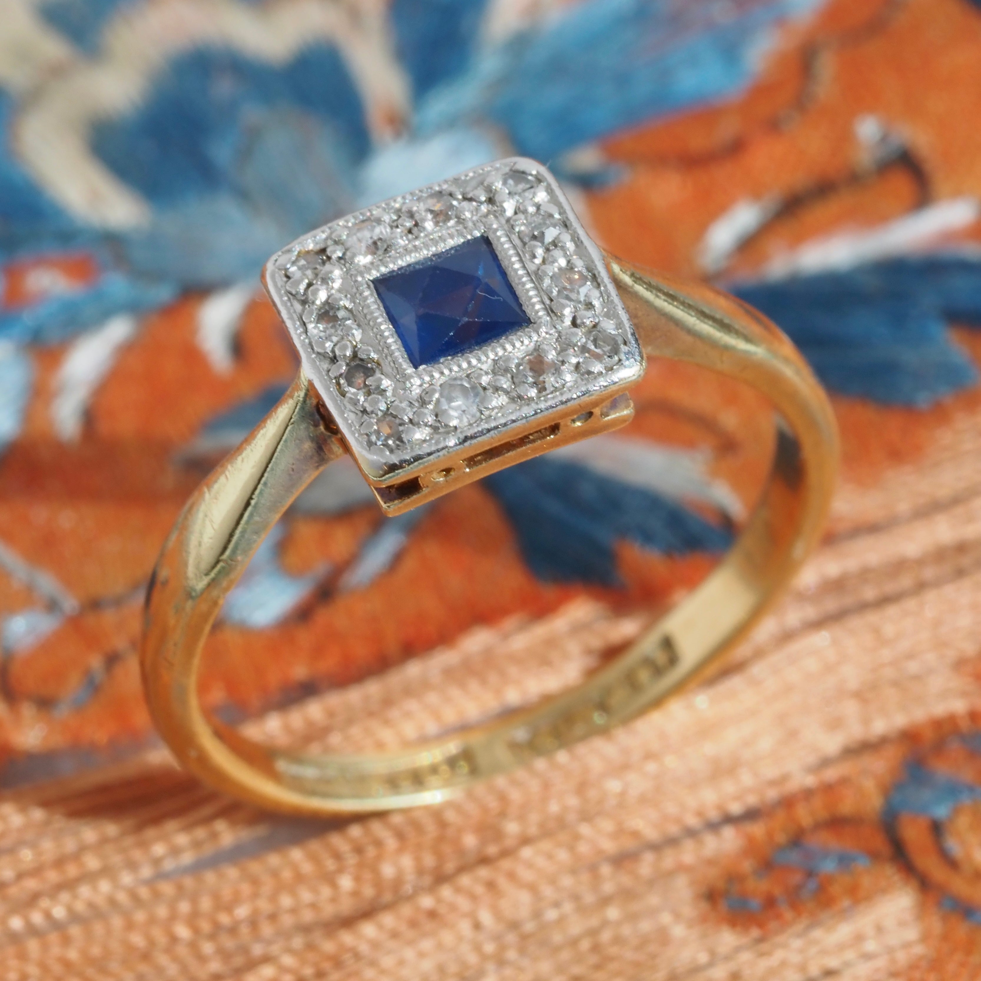 Antique English Sapphire & Diamond 18k Gold Platinum Ring