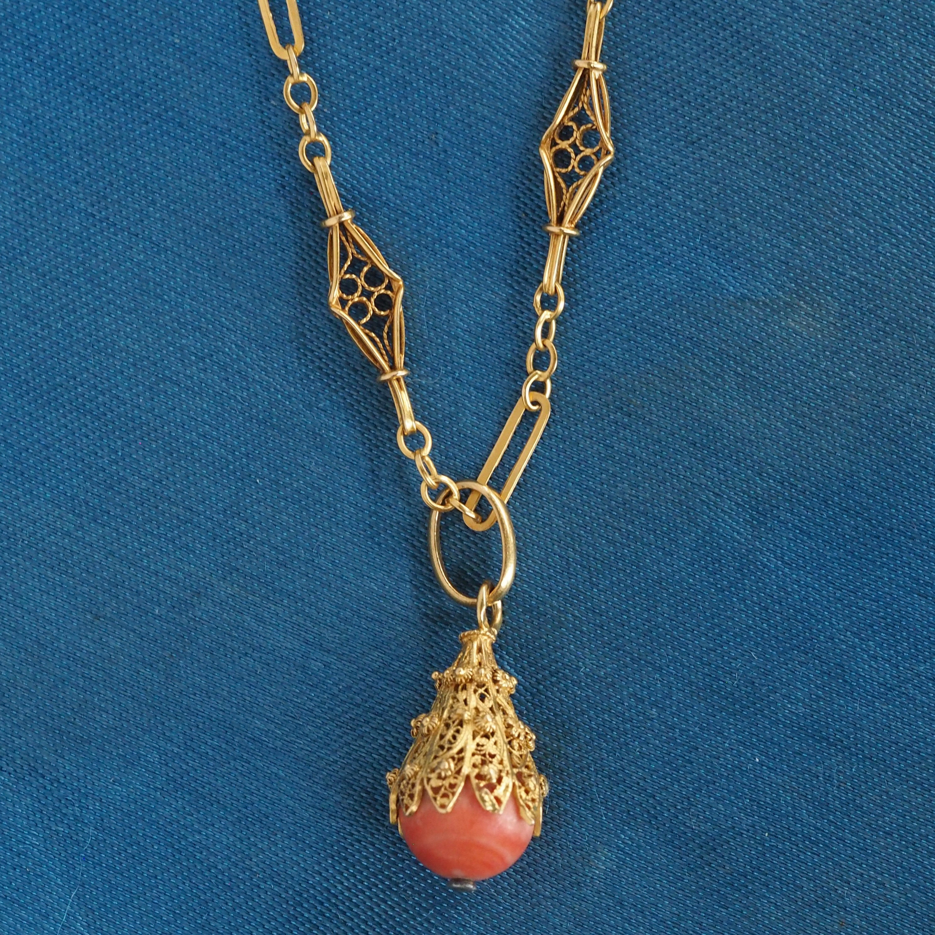 Antique Portuguese 19k Gold Filigree Coral Necklace