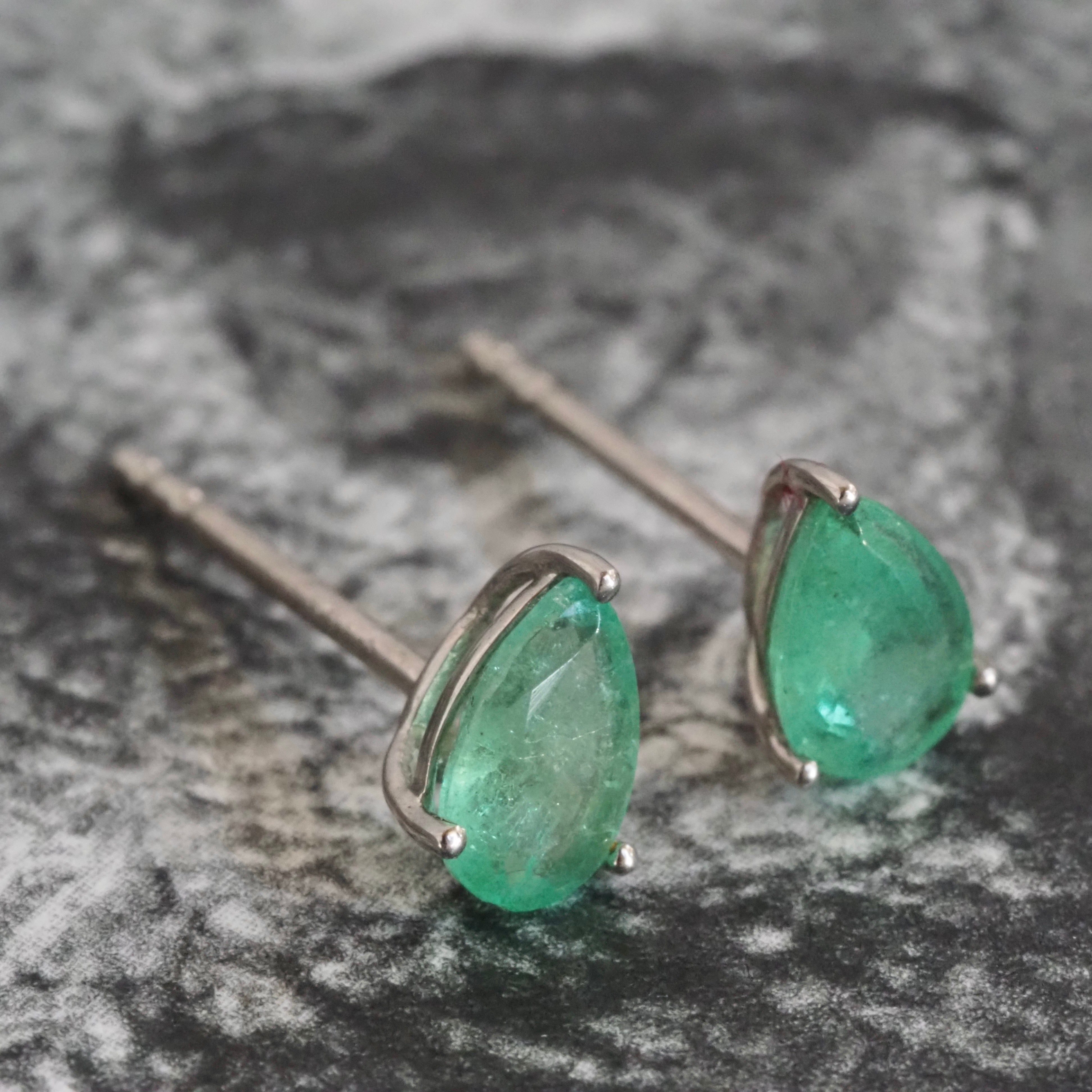 Pear Shaped Emerald Platinum Post Earrings